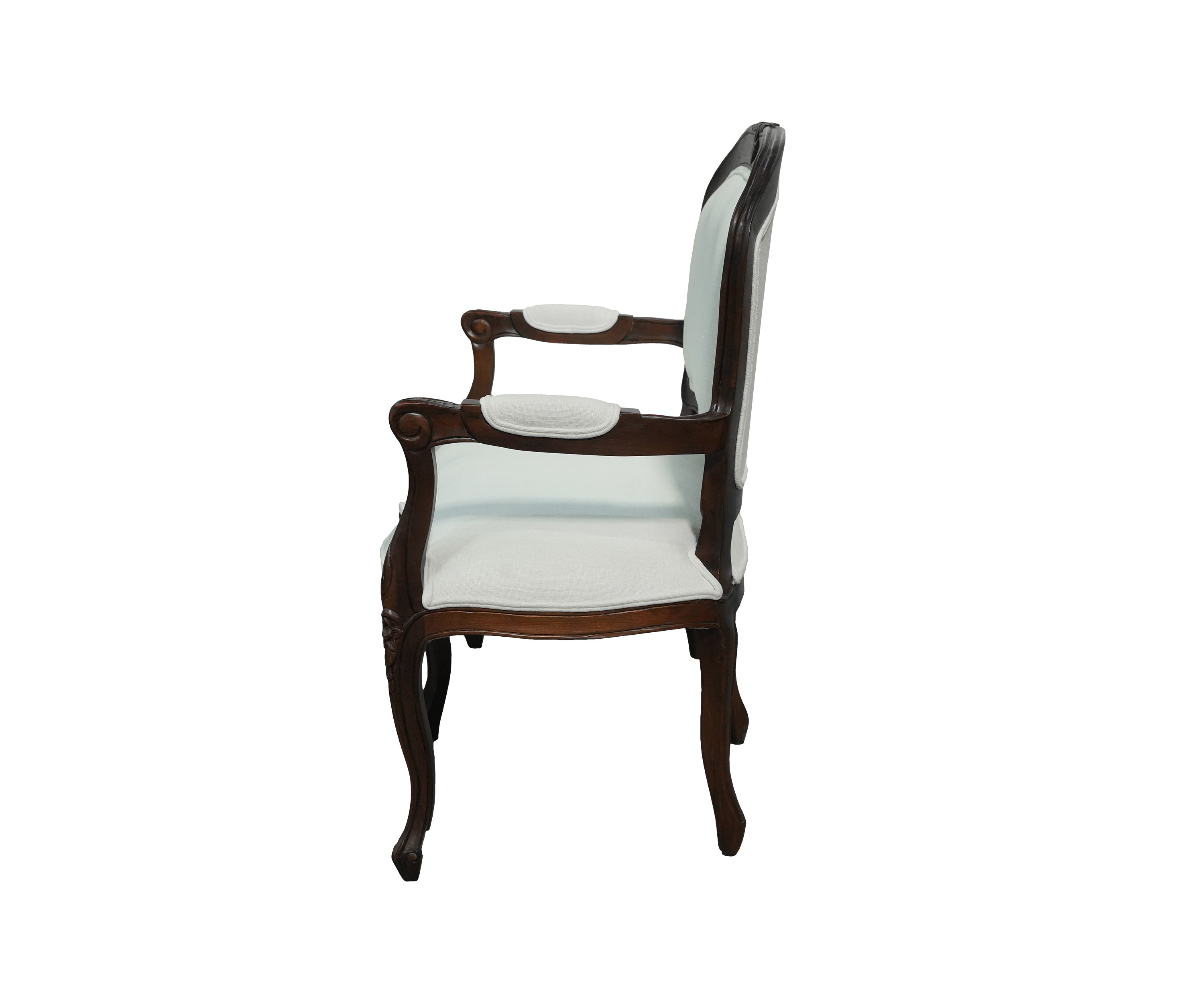 French Style Upholstered Wooden Sofa with Carved Dark Wood Frame