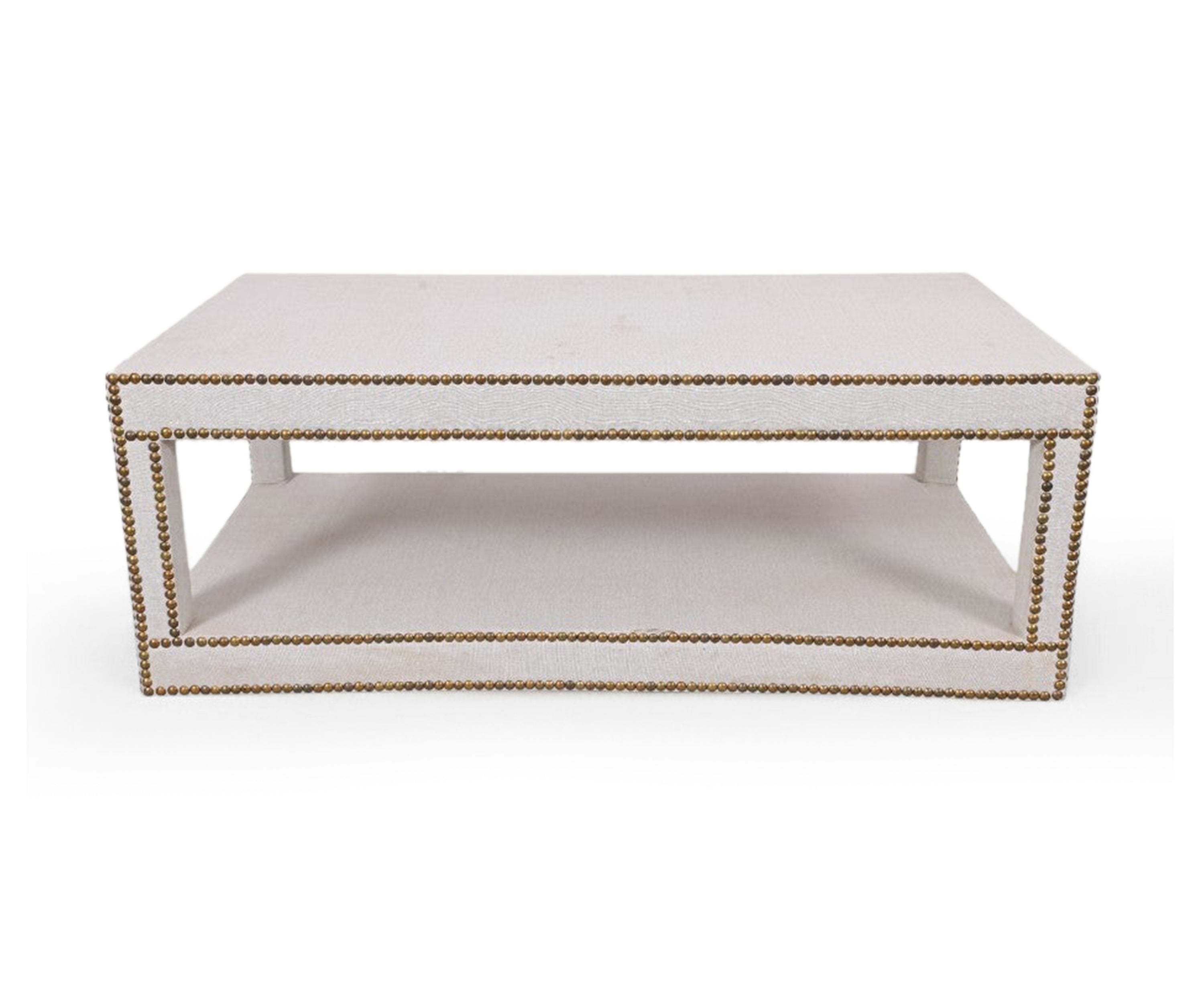 Rectangular Linen Coffee Table with Brass Studs