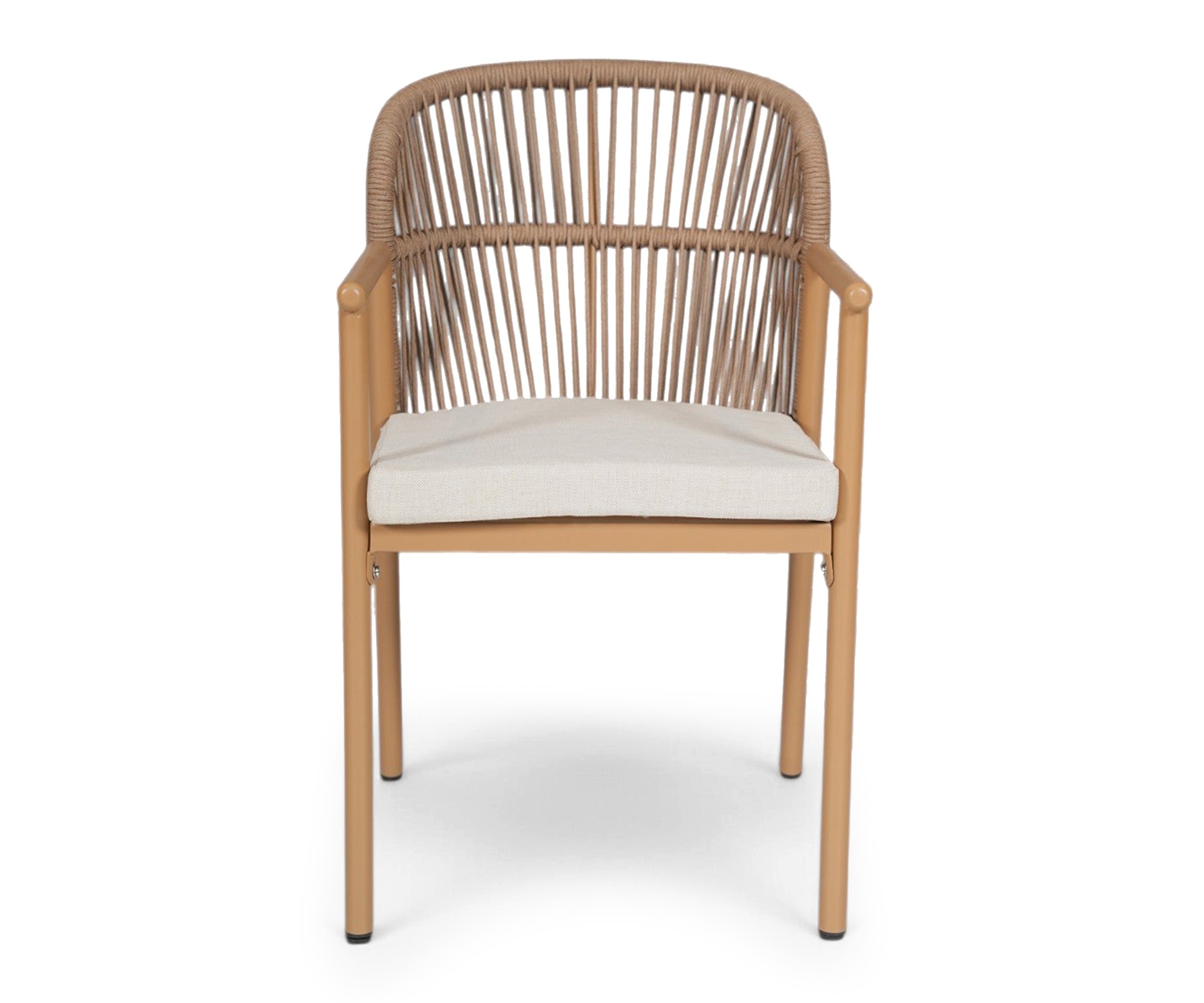 Sand Beige Rattan Fan-Back Arm Dining Chair with Cushion Seat