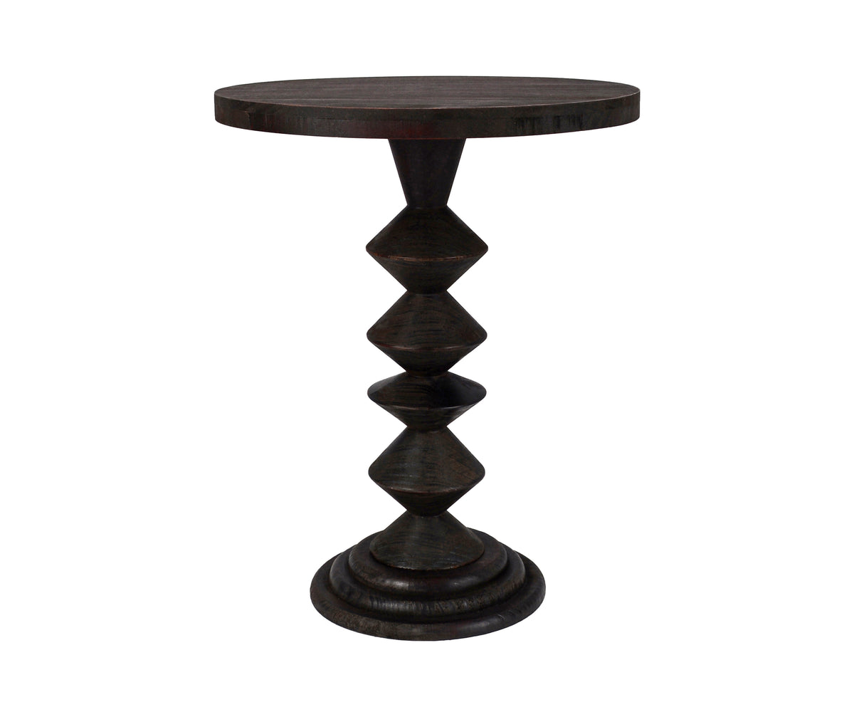 Round Dark Wood Side Table with Stacked Geometric Pedestal