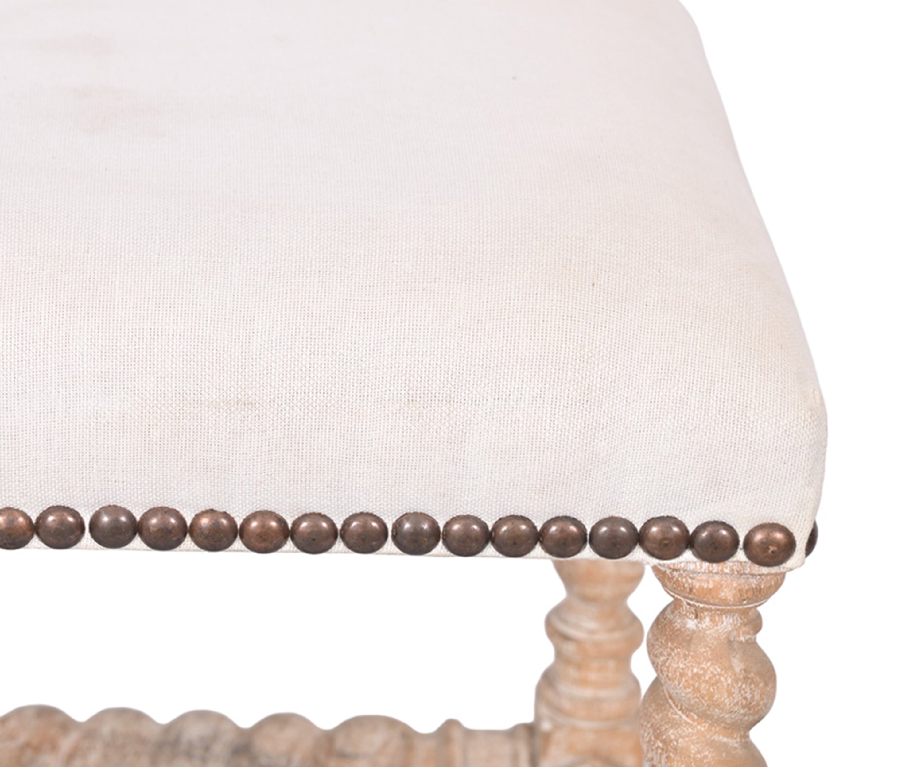 Barley Twist Beige Upholstered Stool with Brass Nailhead Trim and Light Wood Finish
