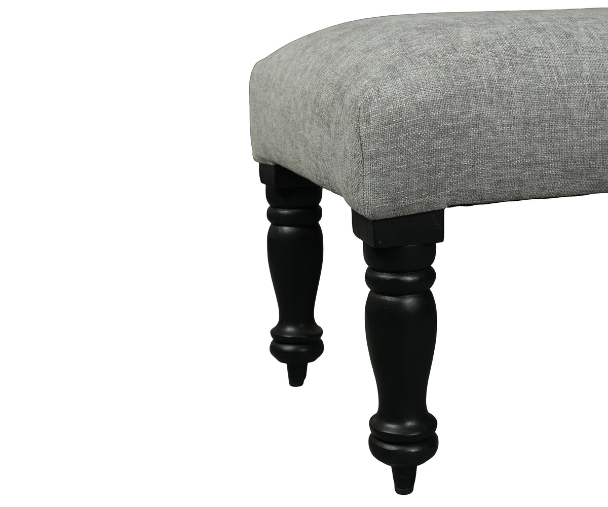 Grey Upholstered Bench with Black Turned Wooden Legs