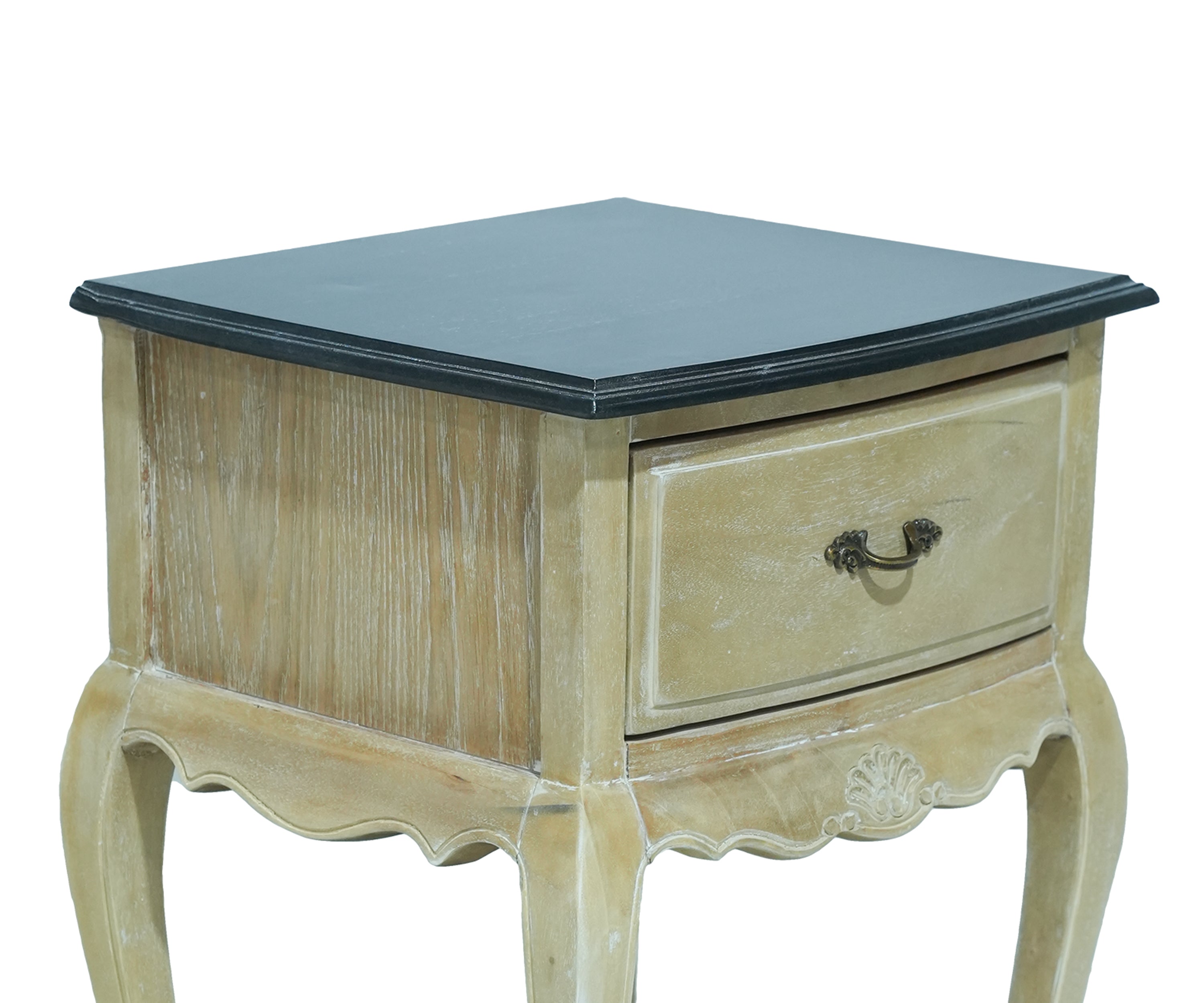 French Style Natural Wood Bedside Table with Black Top