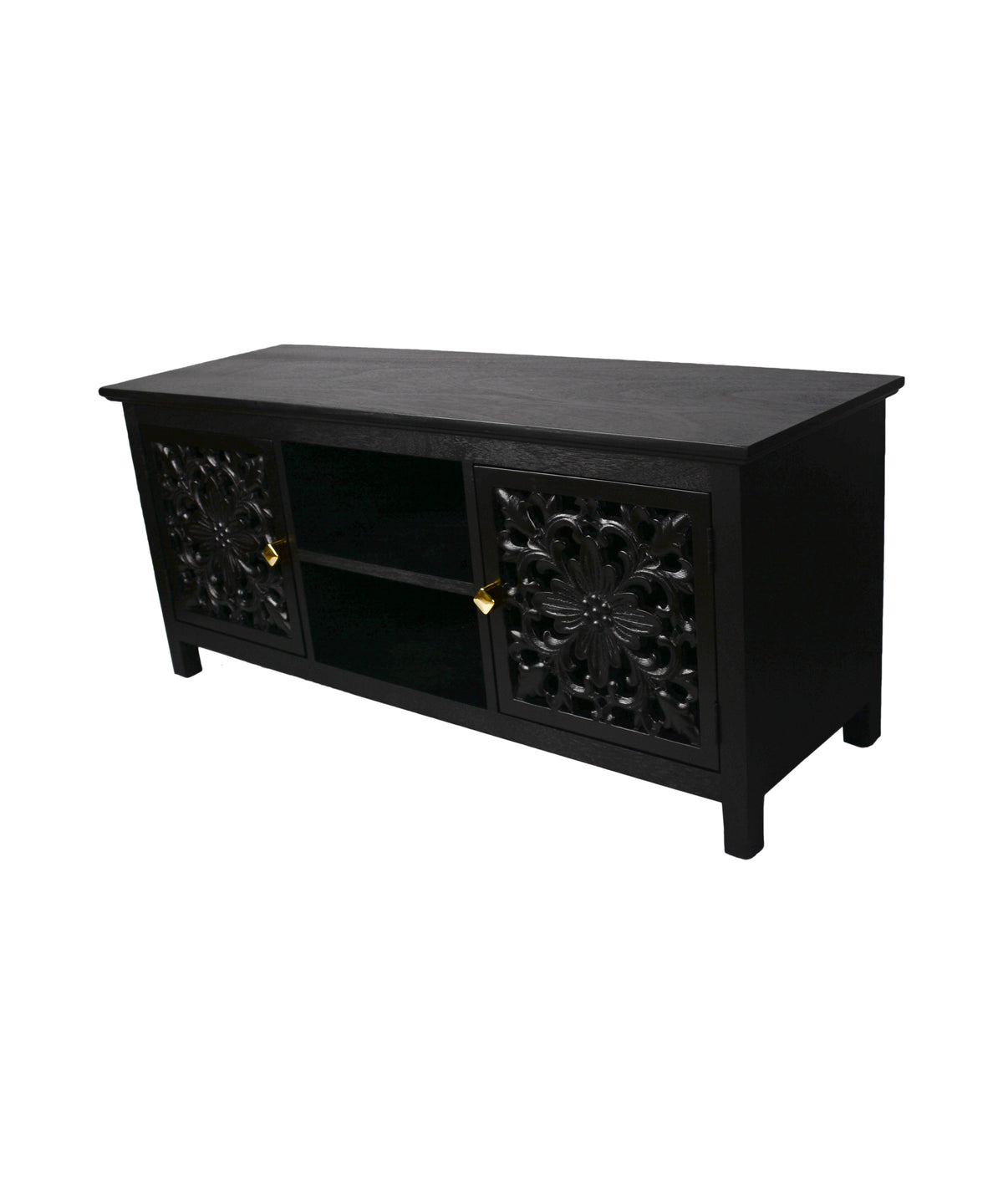 Black Floral Carved TV Unit with Open Shelves
