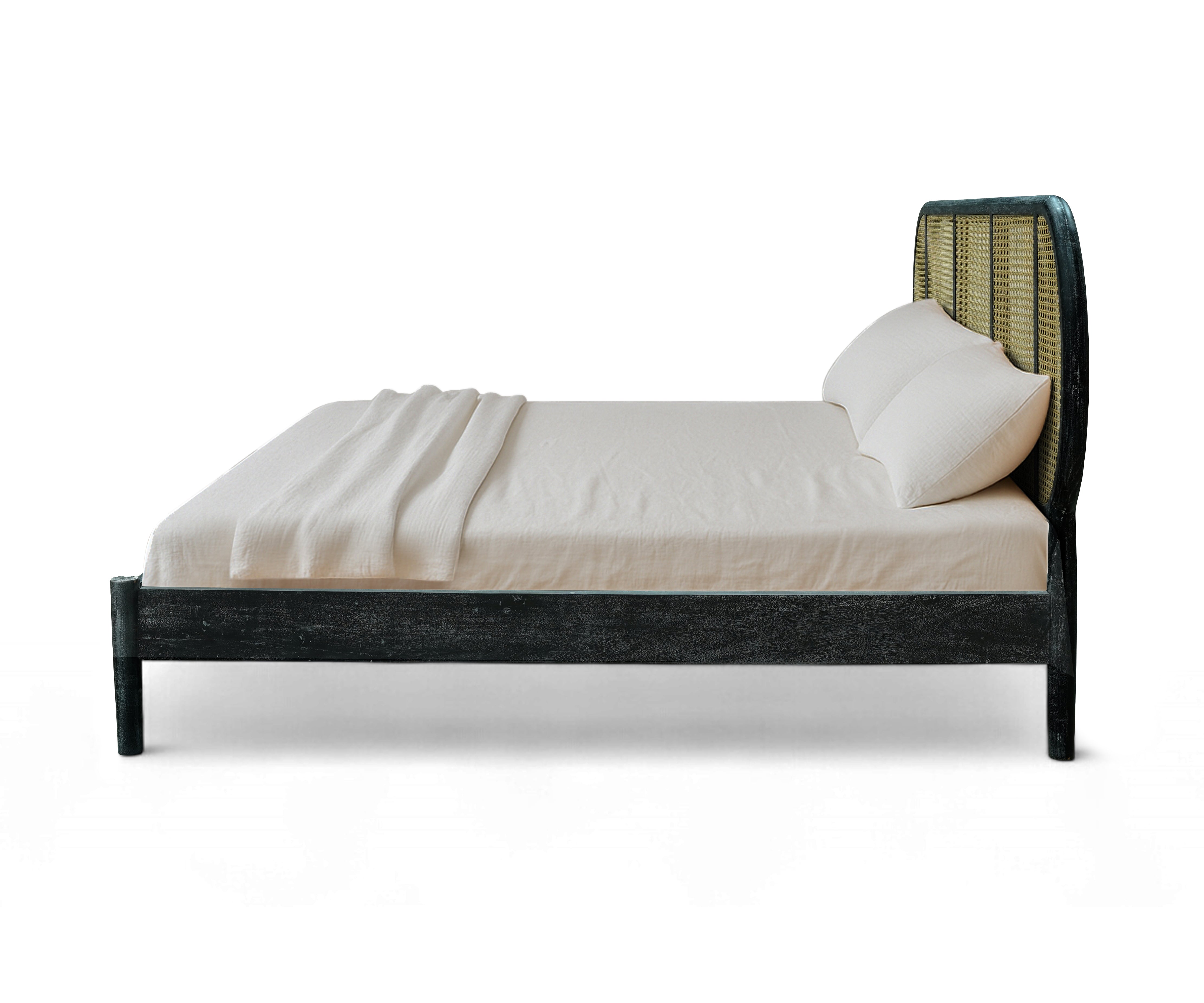 Modern Acacia Wood Cane Bed with Curved Headboard - Black