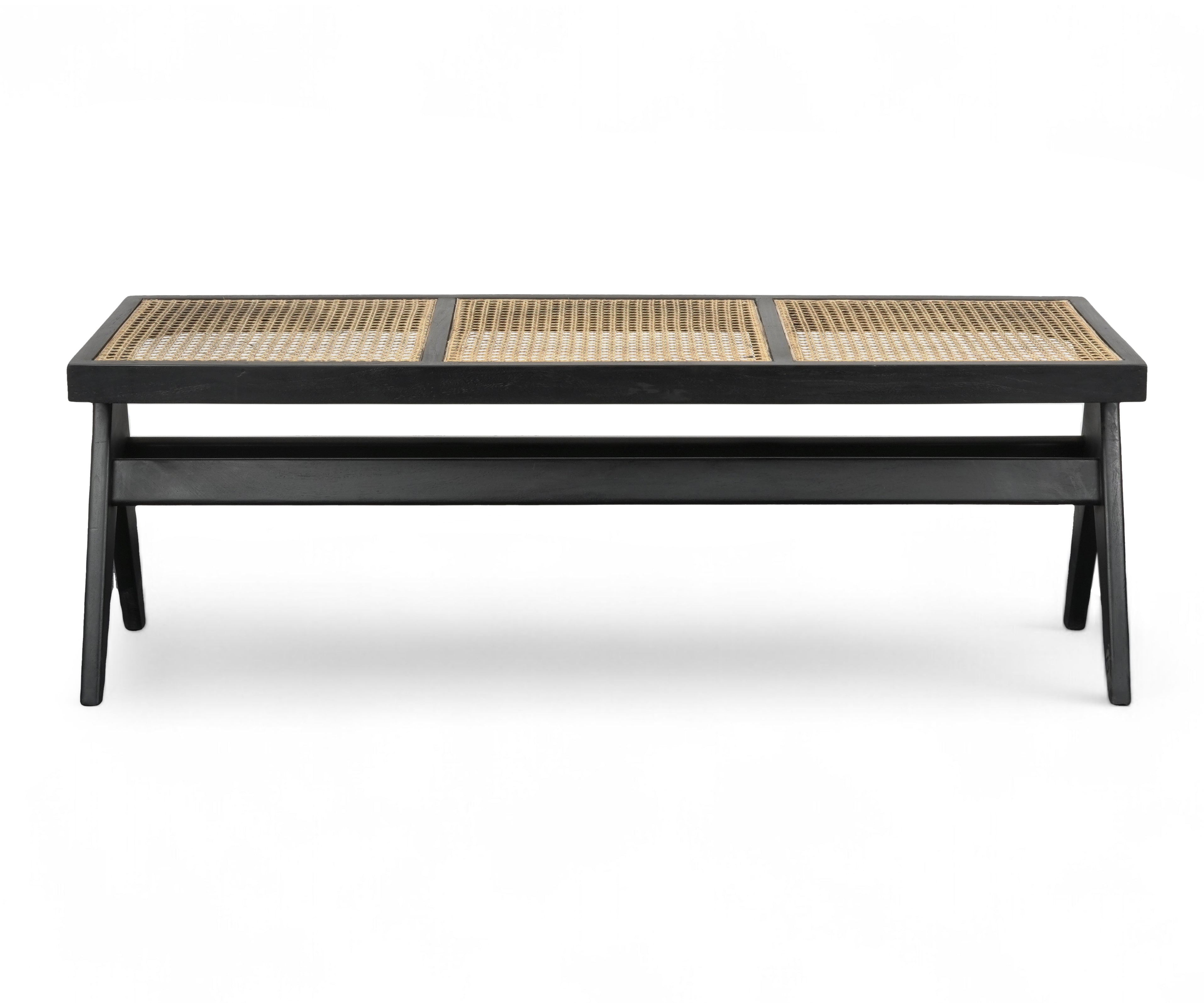 Black Cane Bench with Wooden Frame