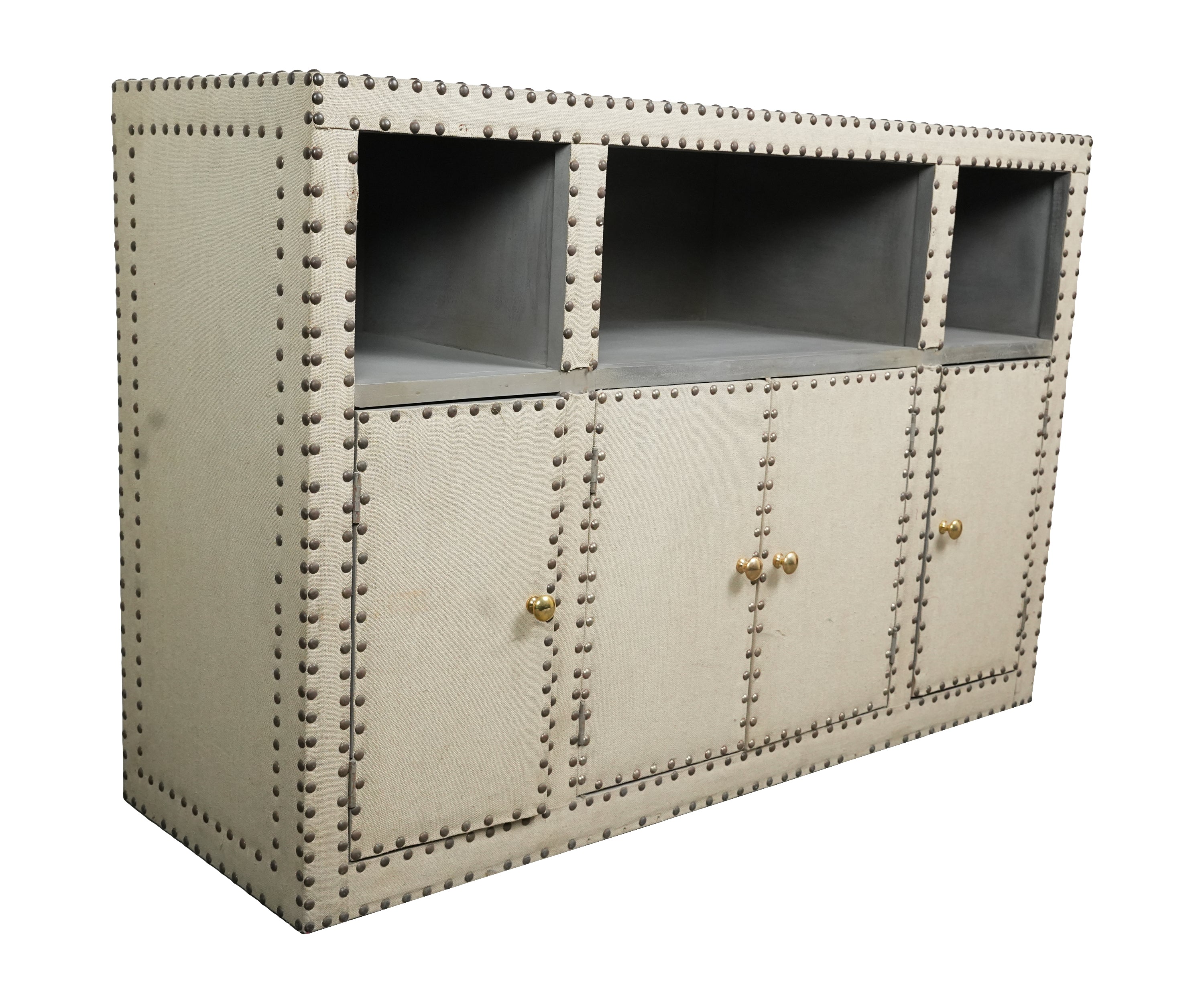 Wooden Cabinet with Shelves and Brass Nail Detailing