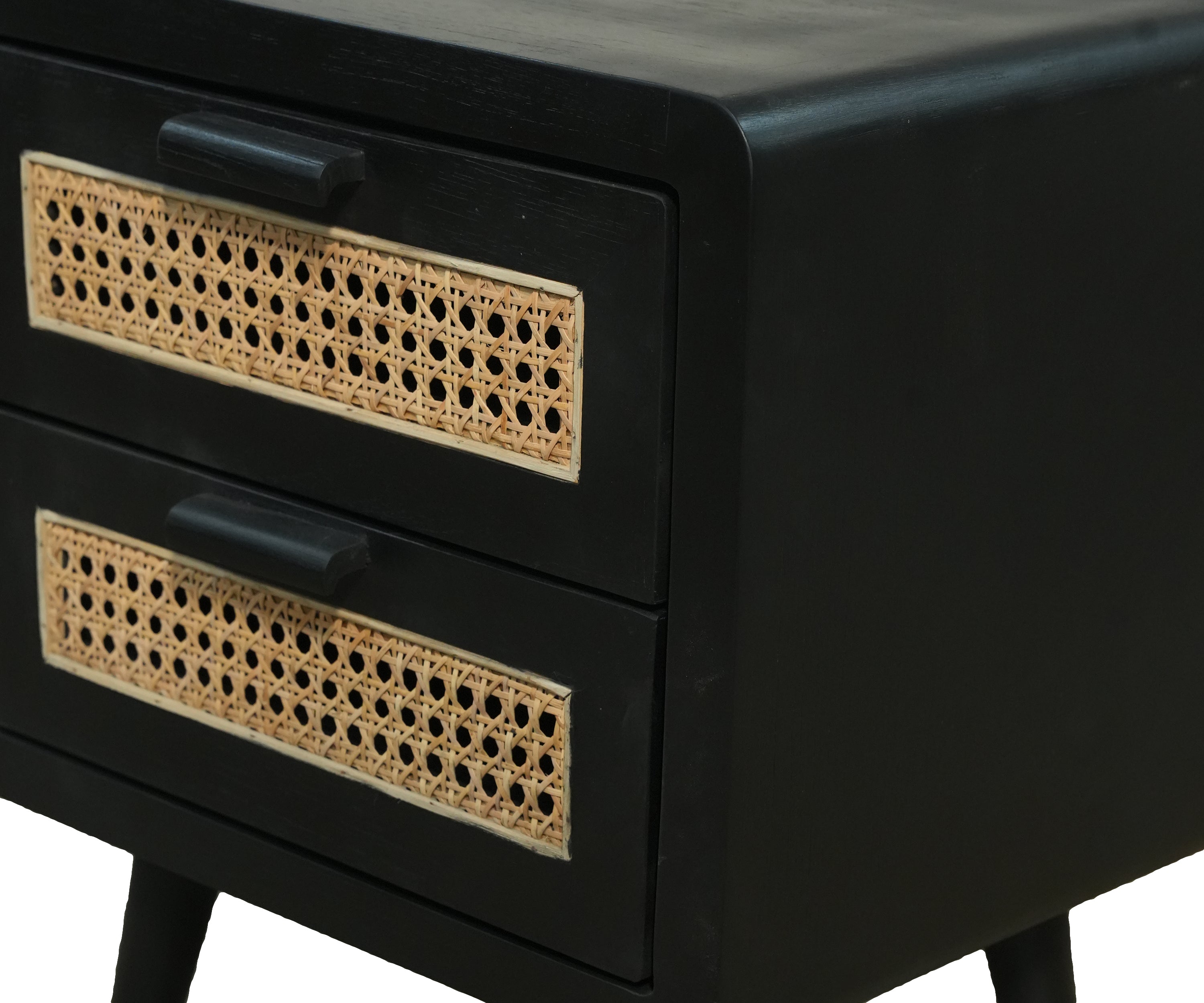 Black 2-Drawer Bedside Table with Rattan Drawer Fronts