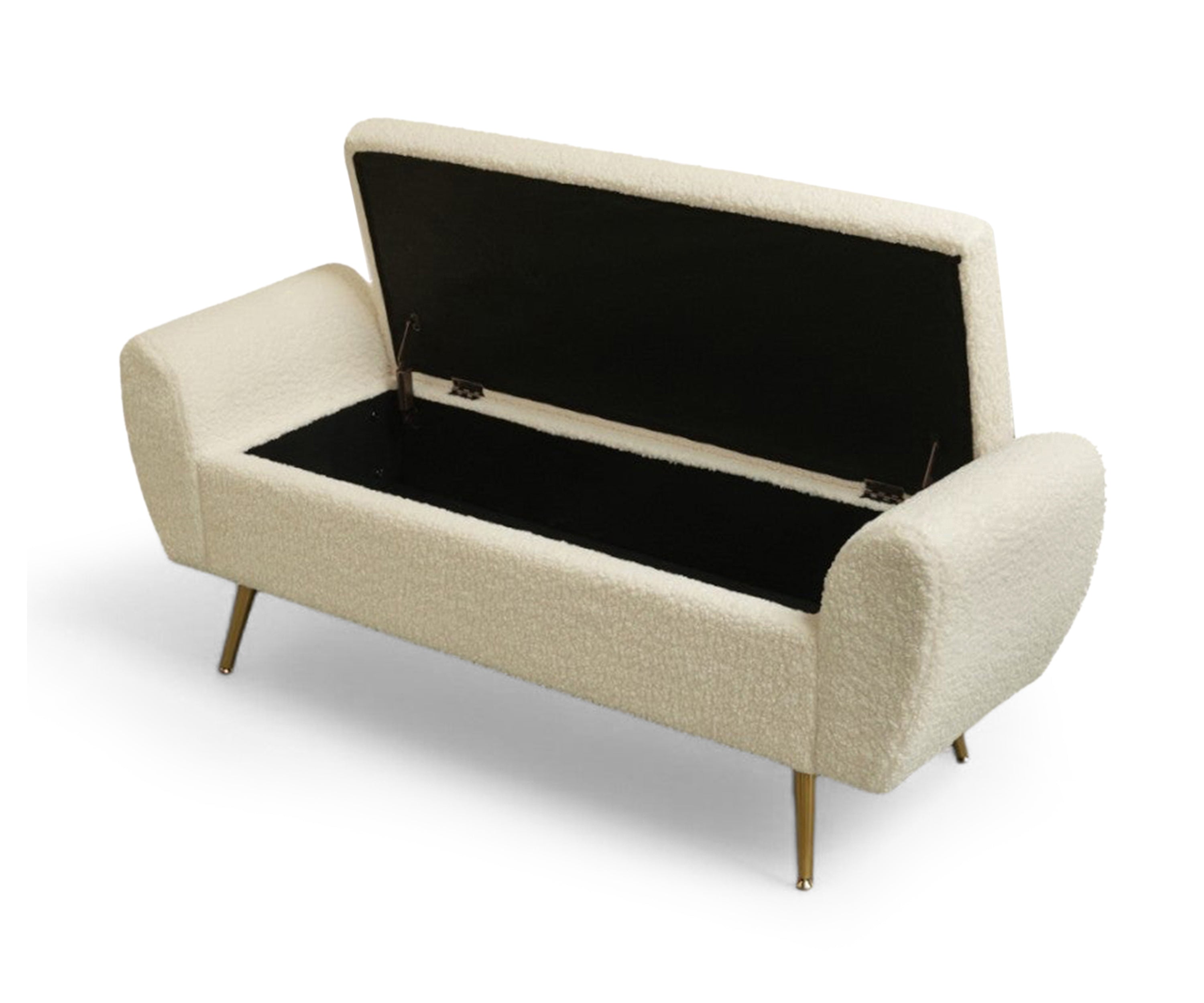 Ivory Bouclé Storage Bench with Golden Metal Legs