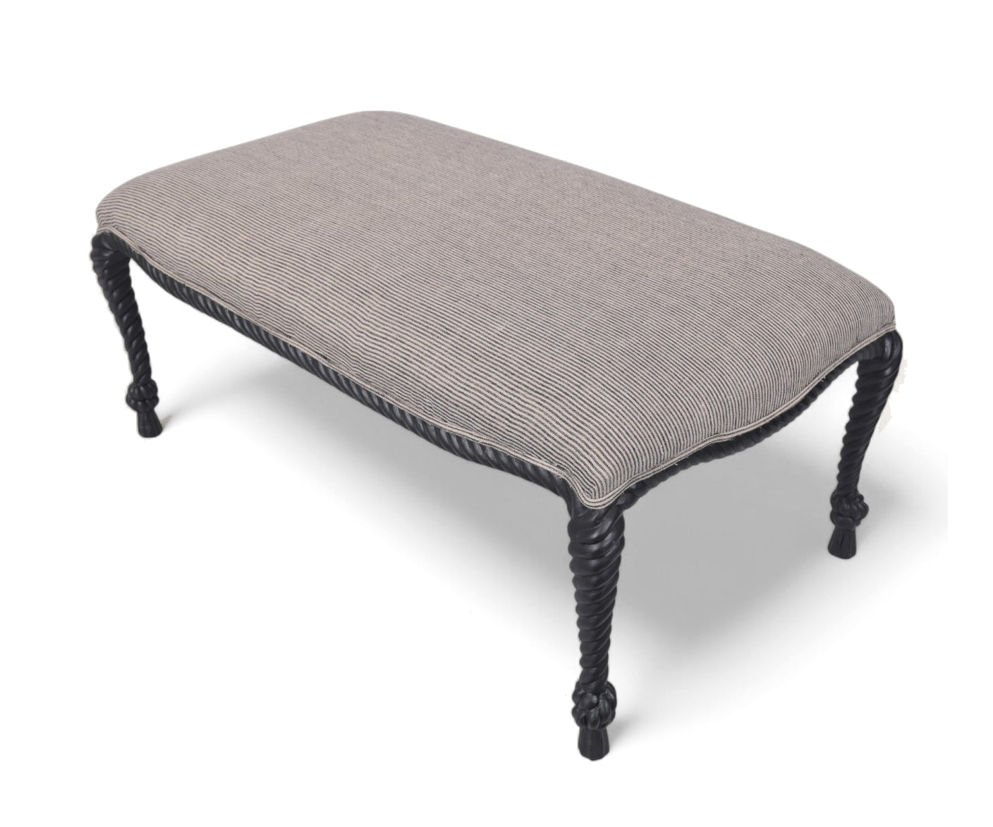 Striped Patterned Ottoman with Rope-Twist Carved Wooden Legs