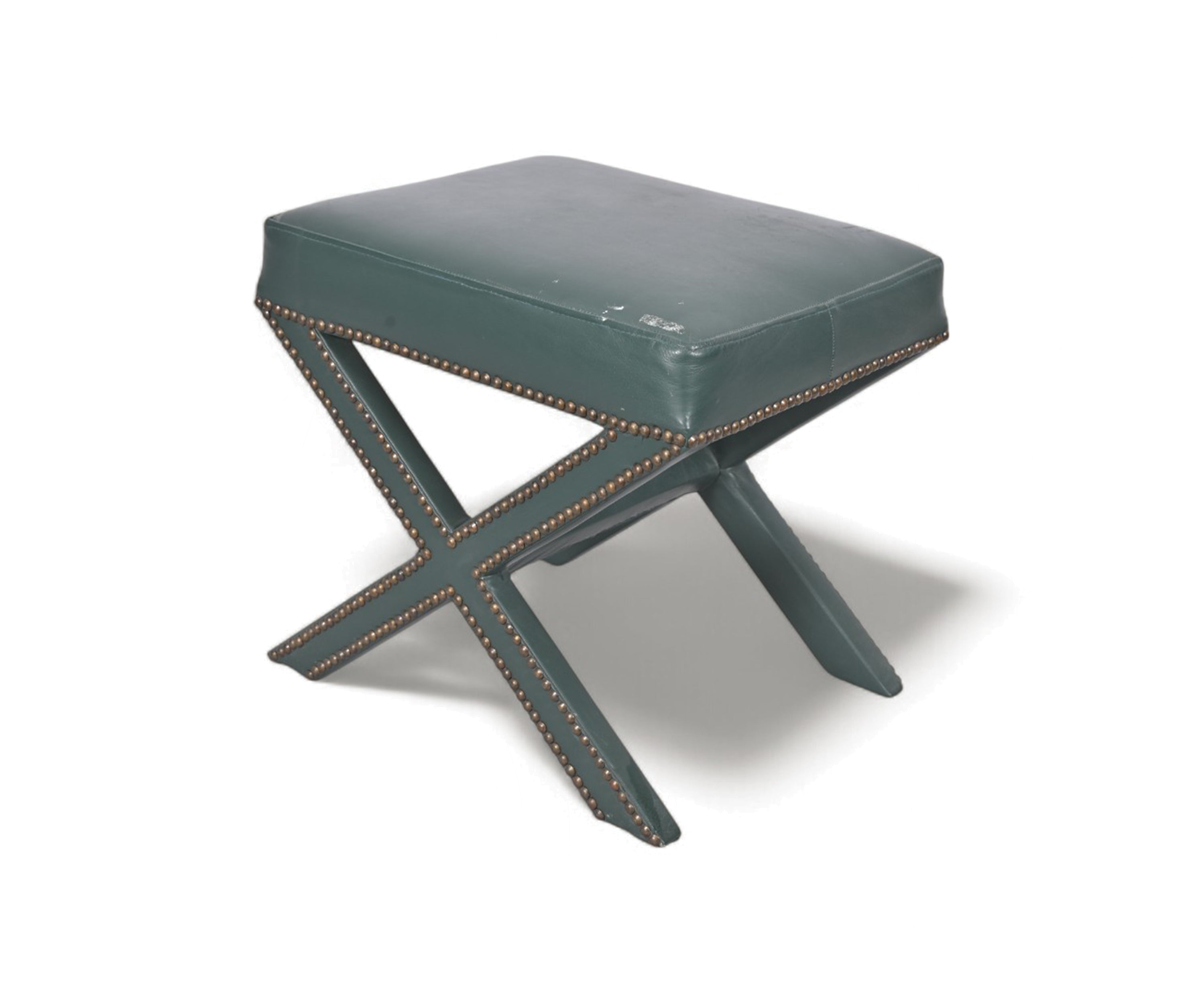 Green Upholstered X-Base Stool with Nailhead Trim