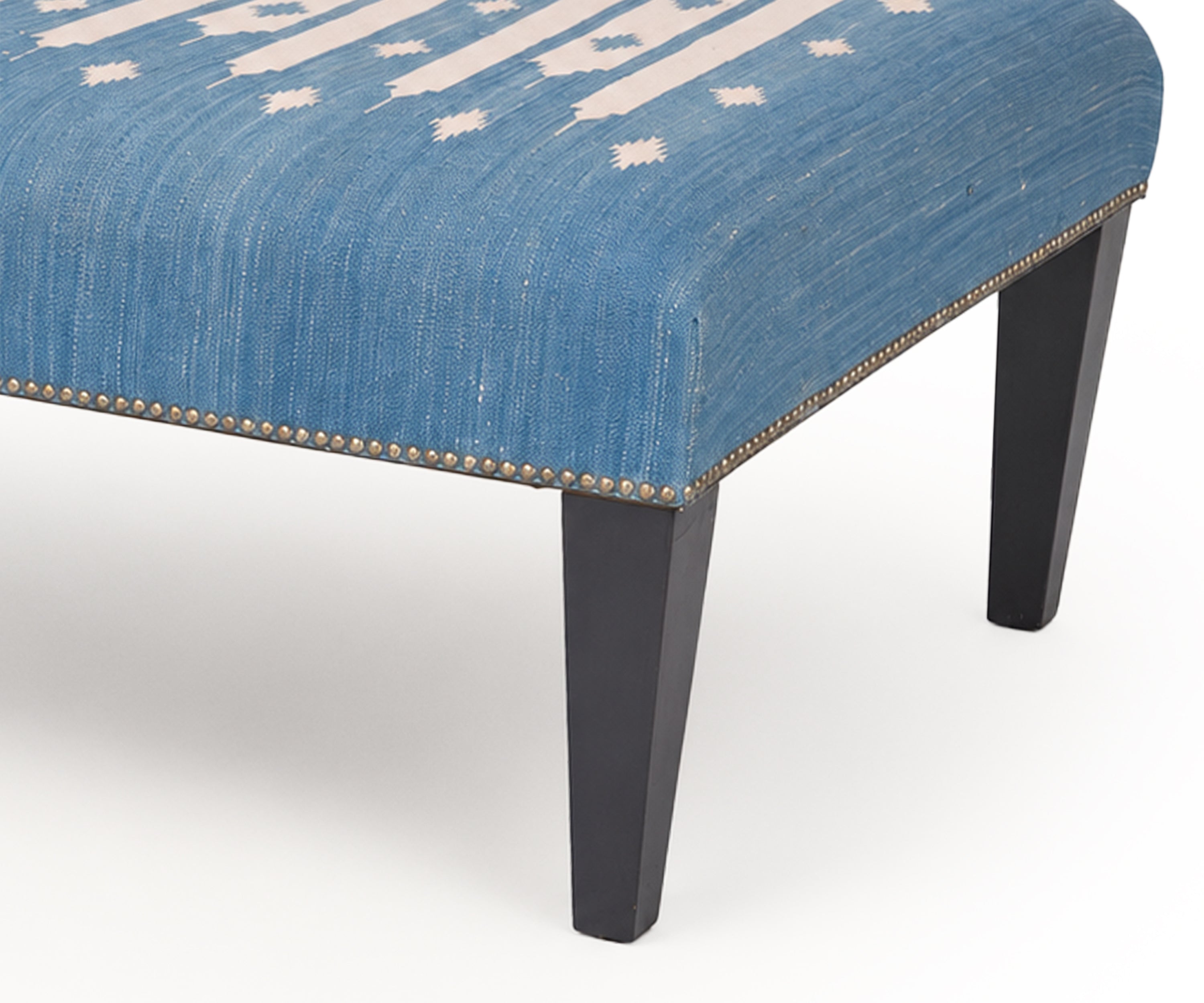 Blue Cotton Woven Durrie Ottoman with Metal Stud Detailing