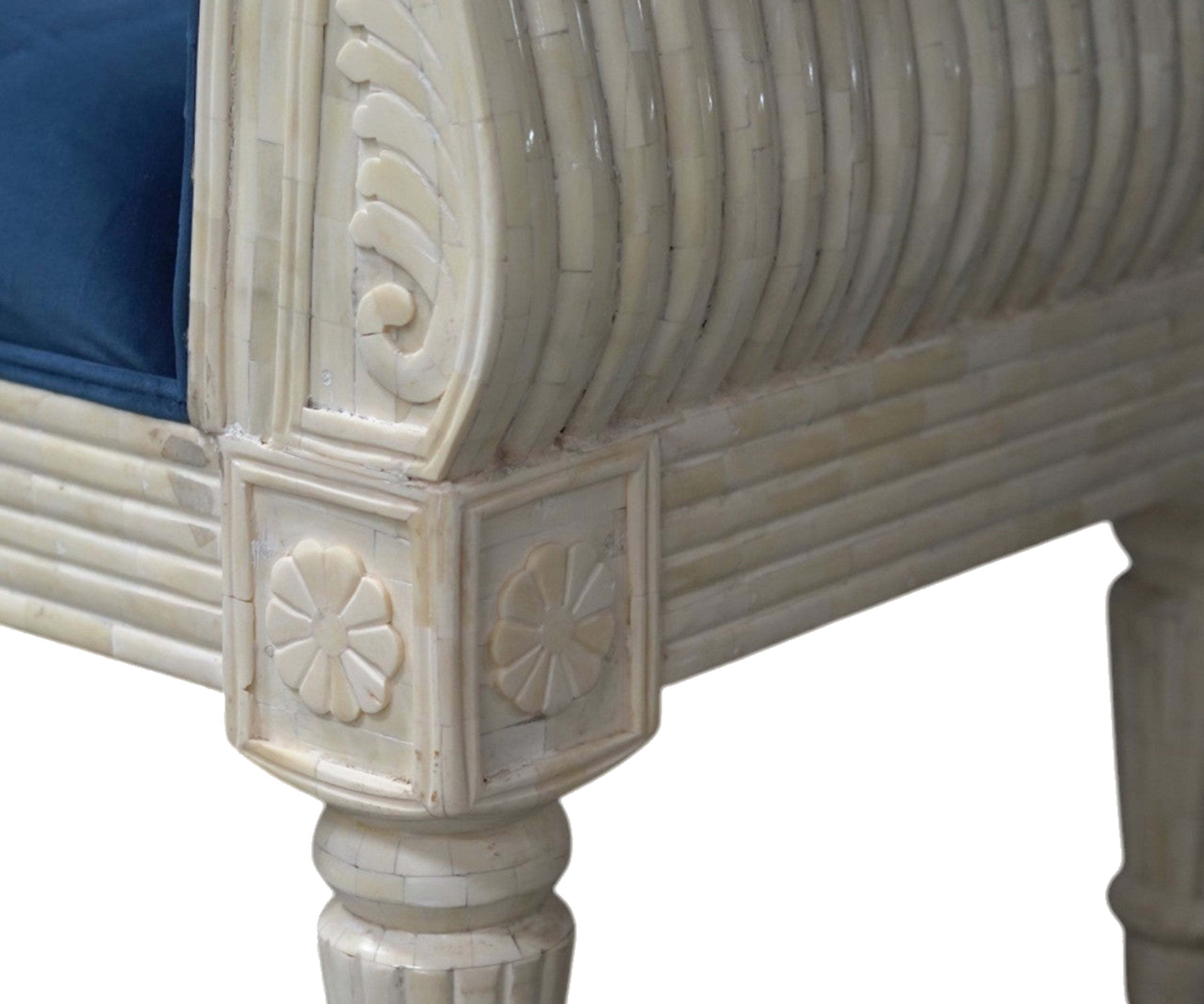 Gustavian Style Blue Velvet Bench with Bone Inlay