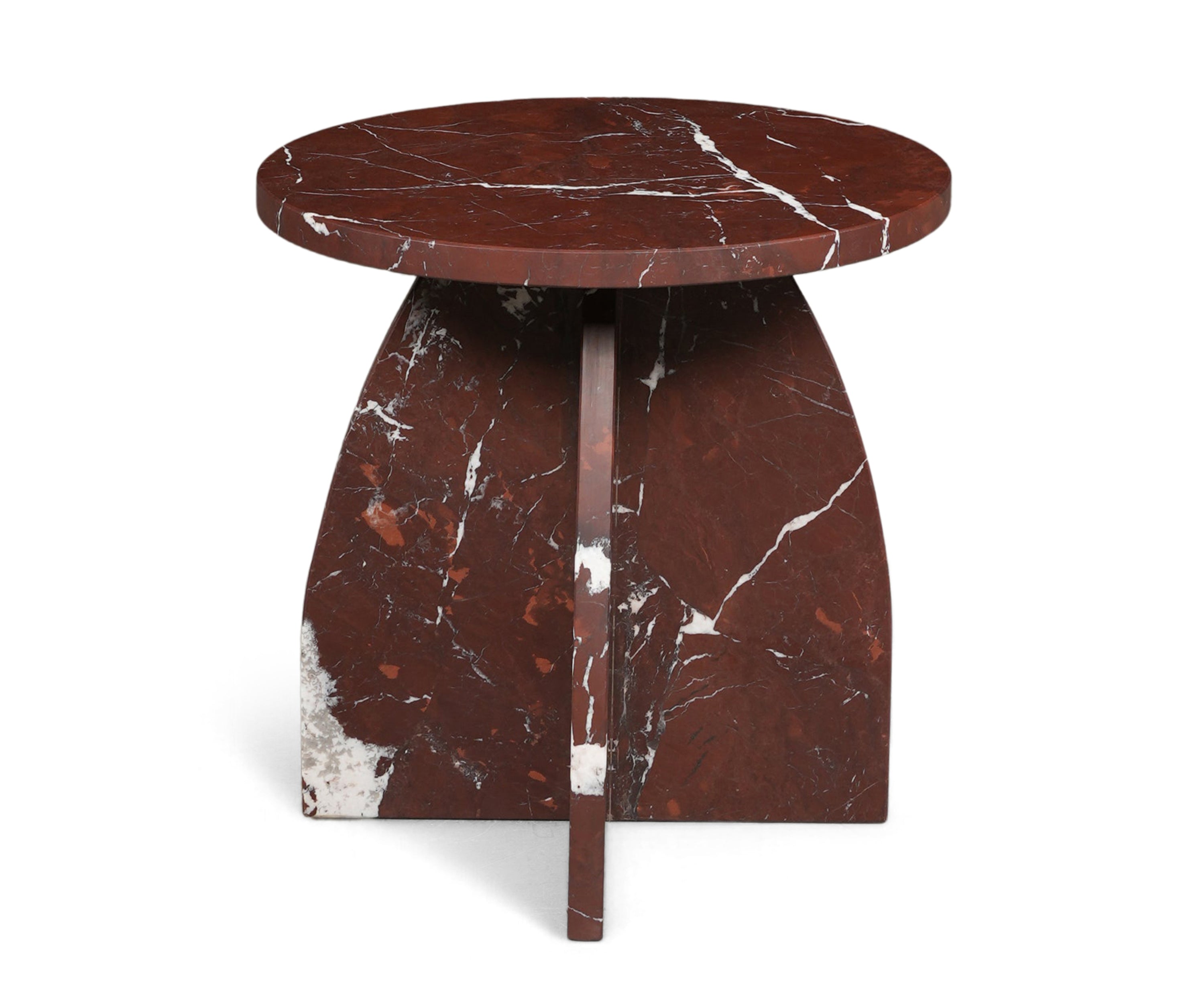 Round Red Marble Side Table with Sculptural Pedestal Base