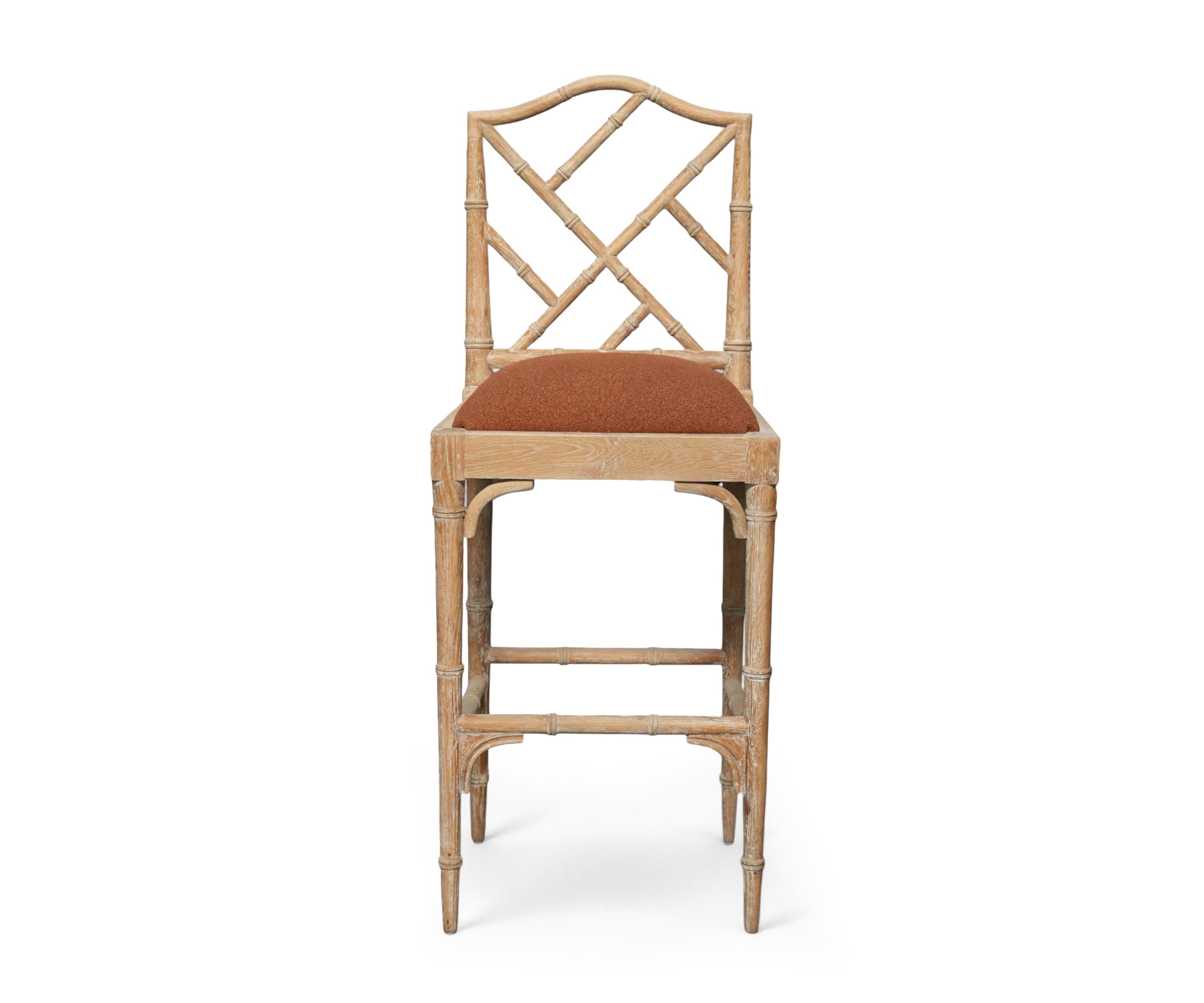 Bamboo Style Wooden Bar Chair with Bouclé Seat - Orange