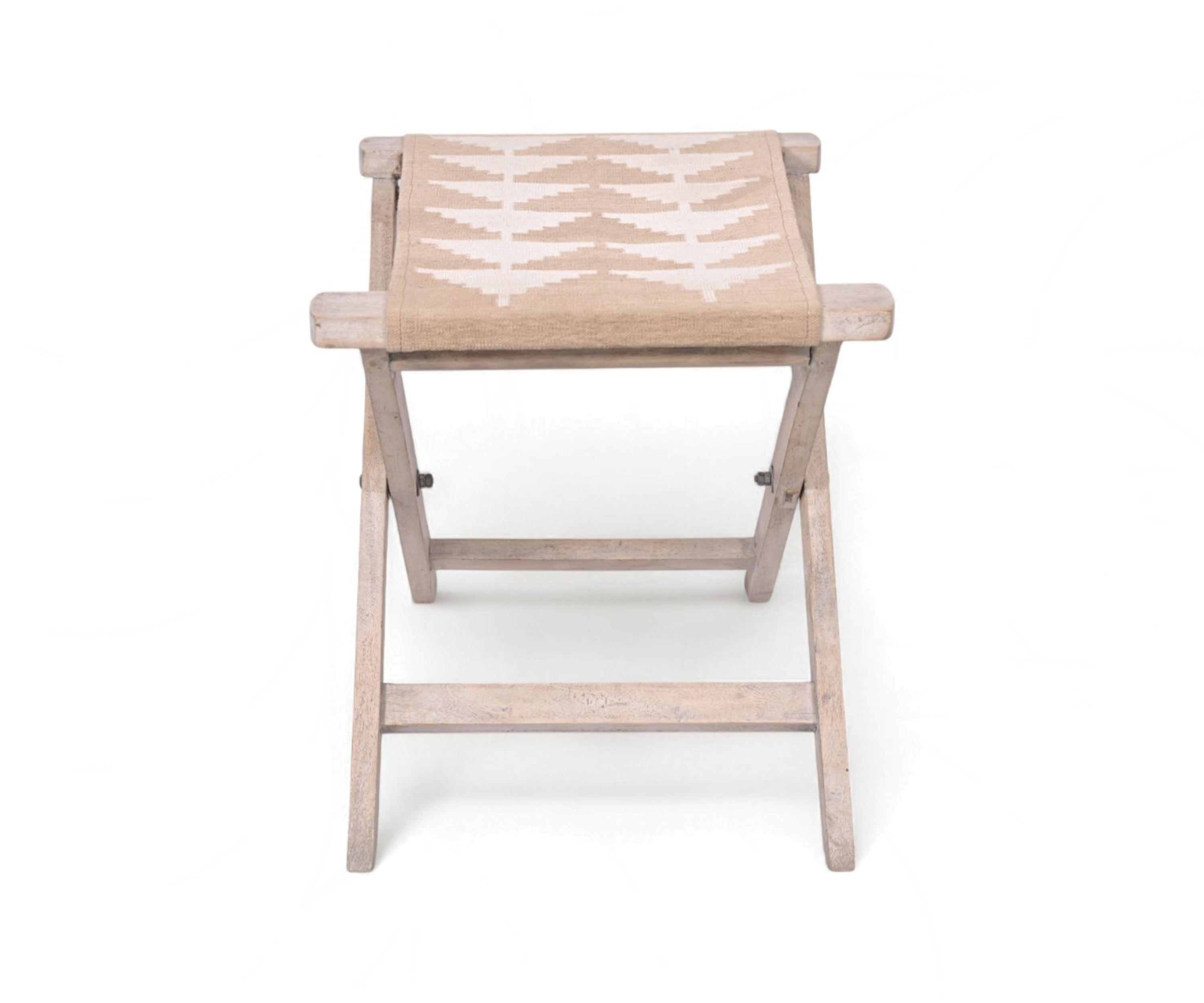 Brown and White Patterned Fabric Stool with Natural Wood Frame