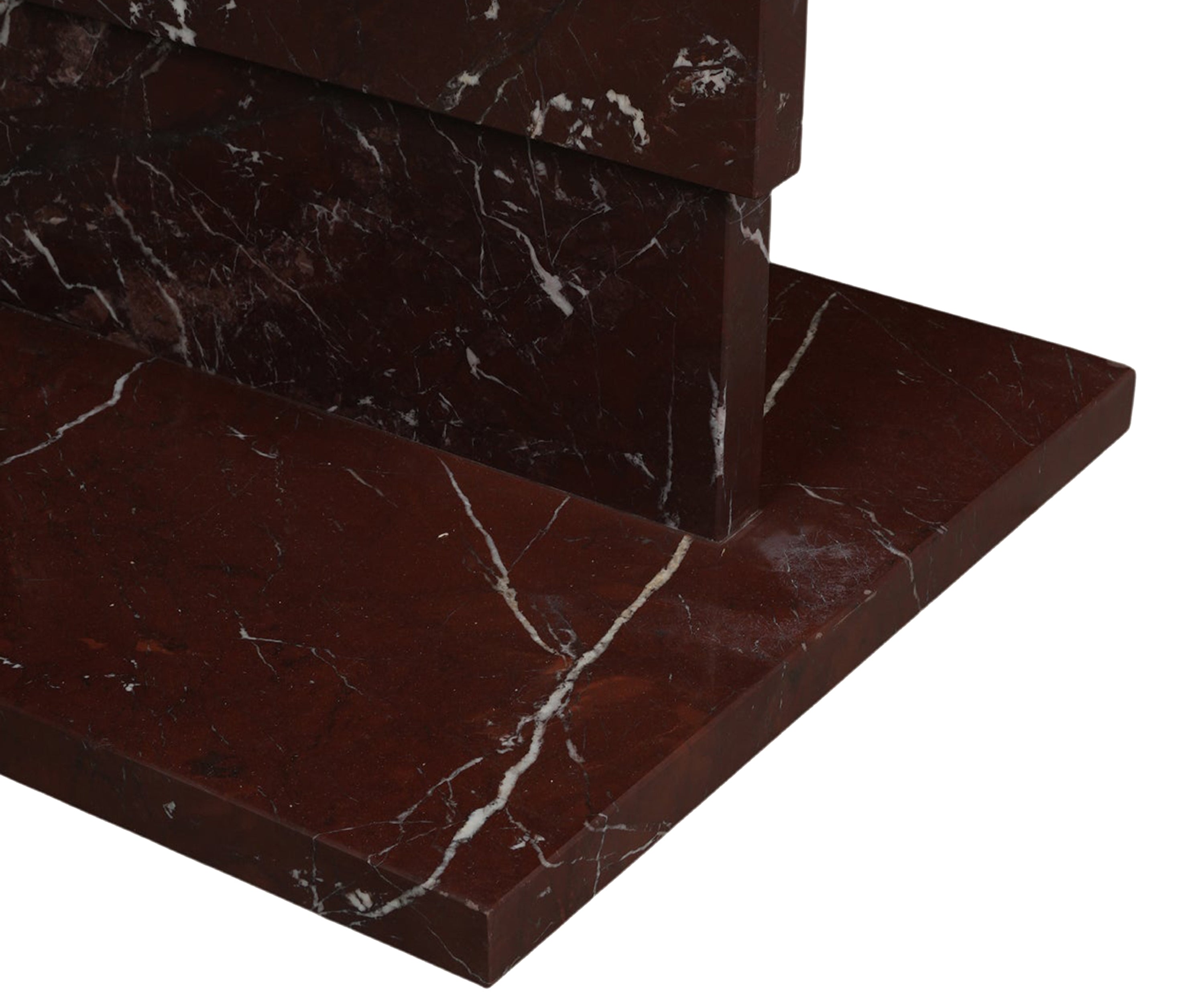 Red Marble Side Table with Architectural Layered Pedestal Base