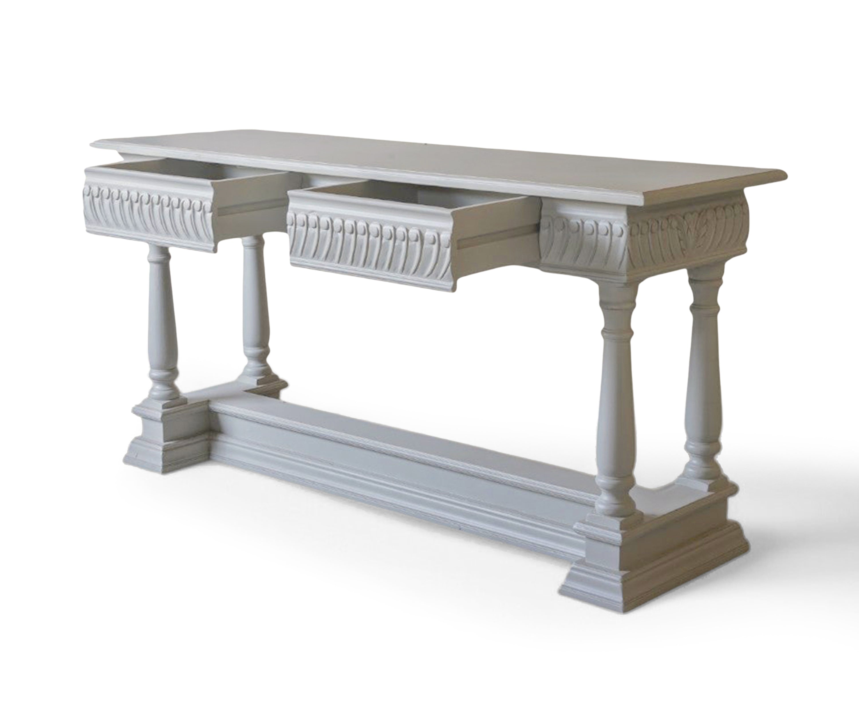 Carved Gustavian Grey Console Table with Drawers