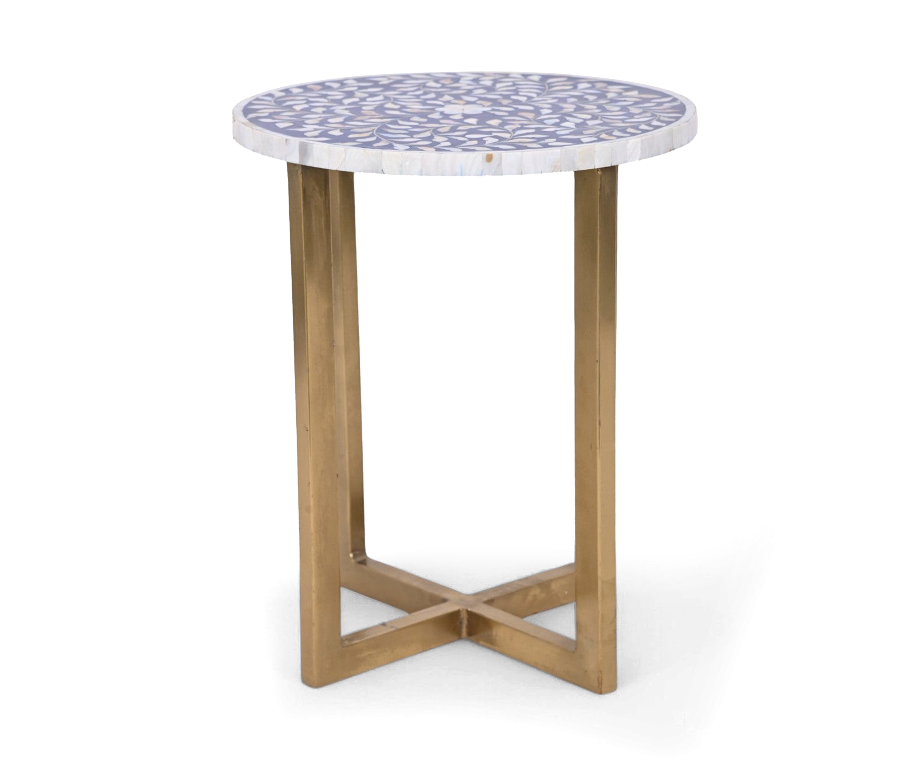 Round Mother of Pearl Inlay Side Table with Wooden Cross Base