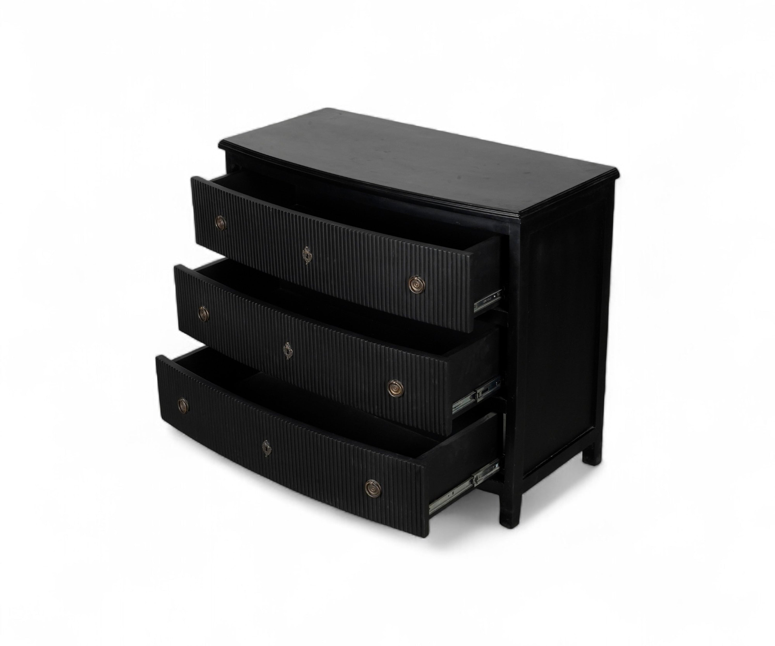 Modern Black Chest of Drawers with Ribbed Front and Brass Knobs