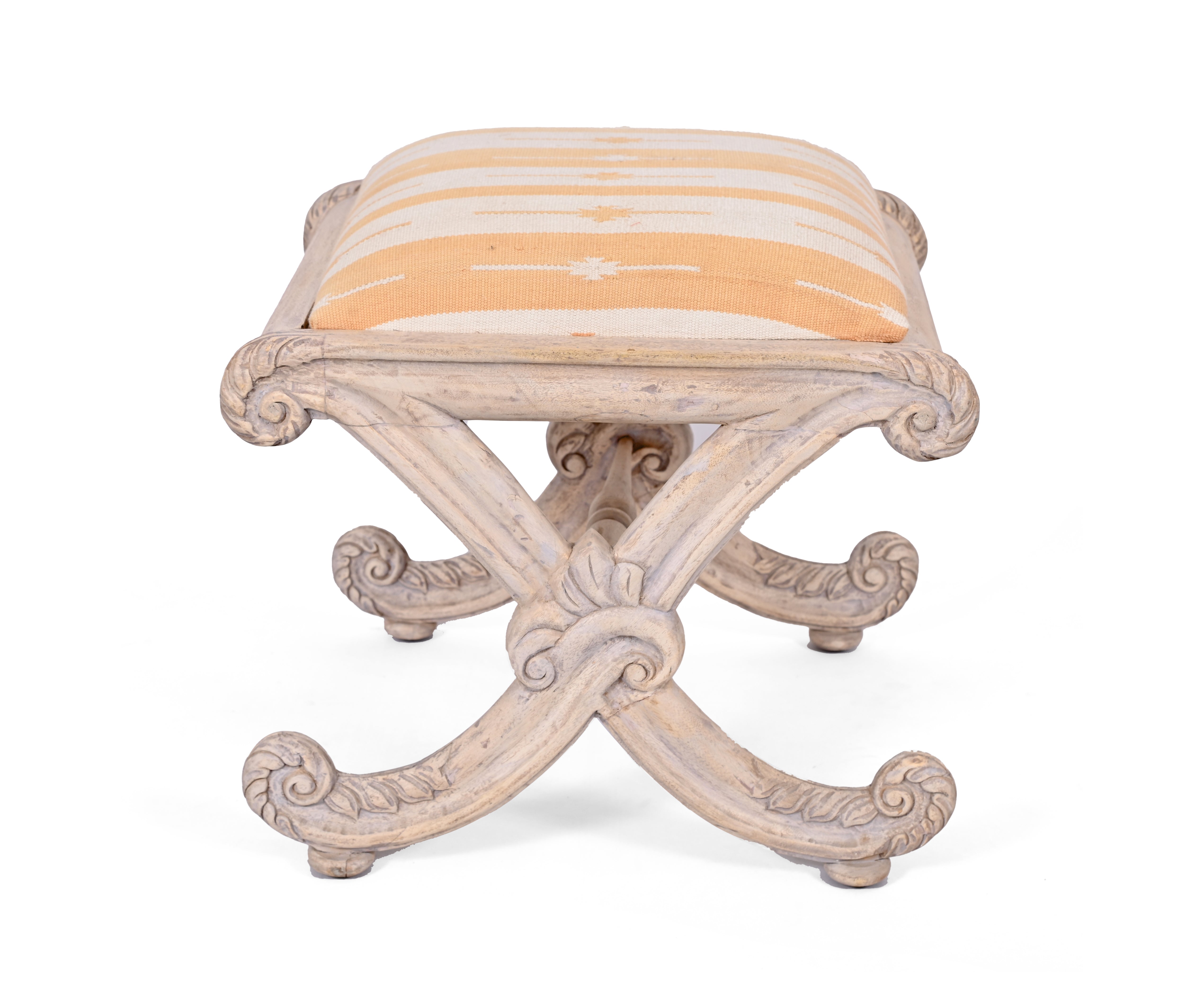 French Base Stool with Handwoven Dhurrie