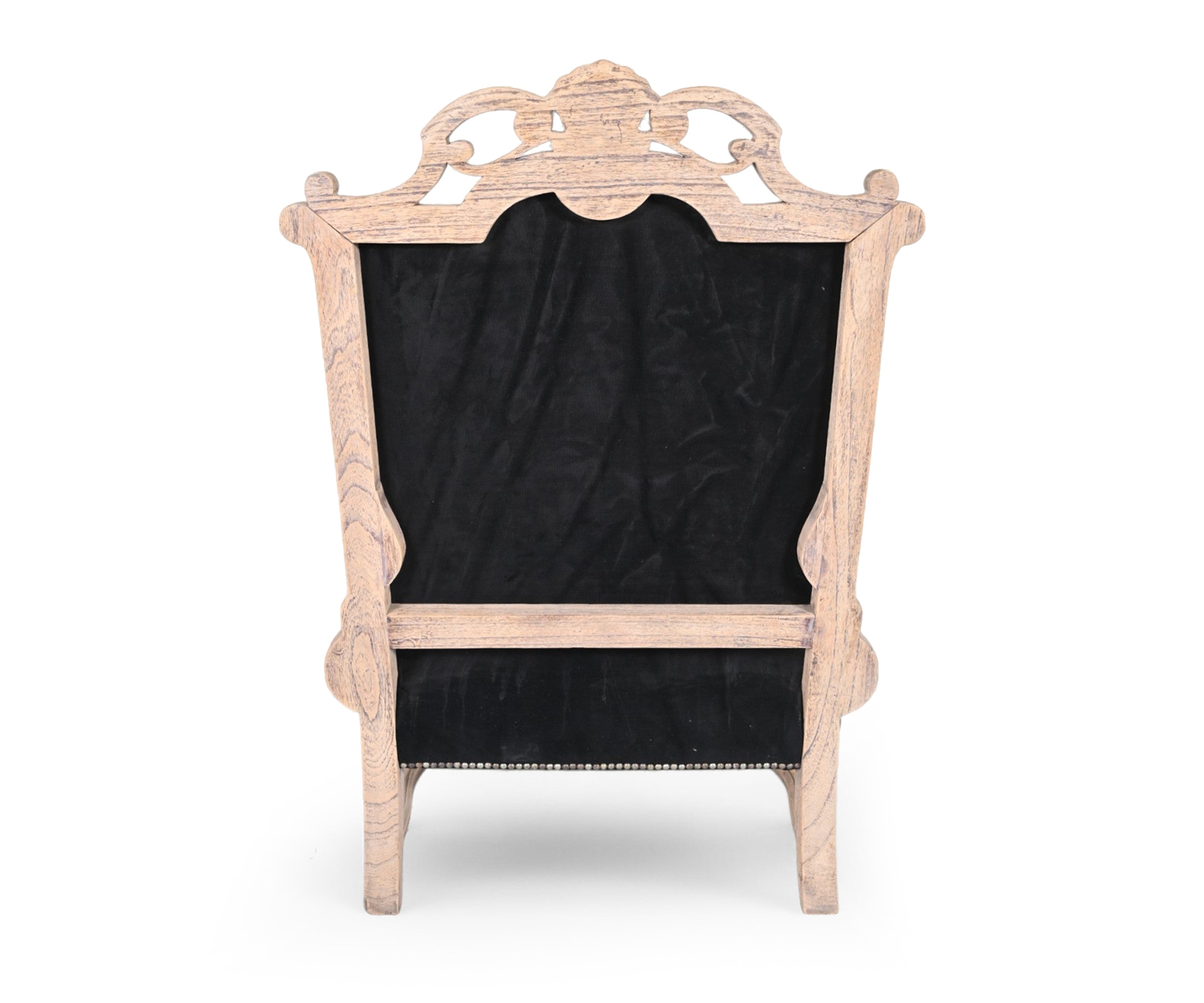 Black Velvet Antique French Carved Accent Chair with Brass Studs