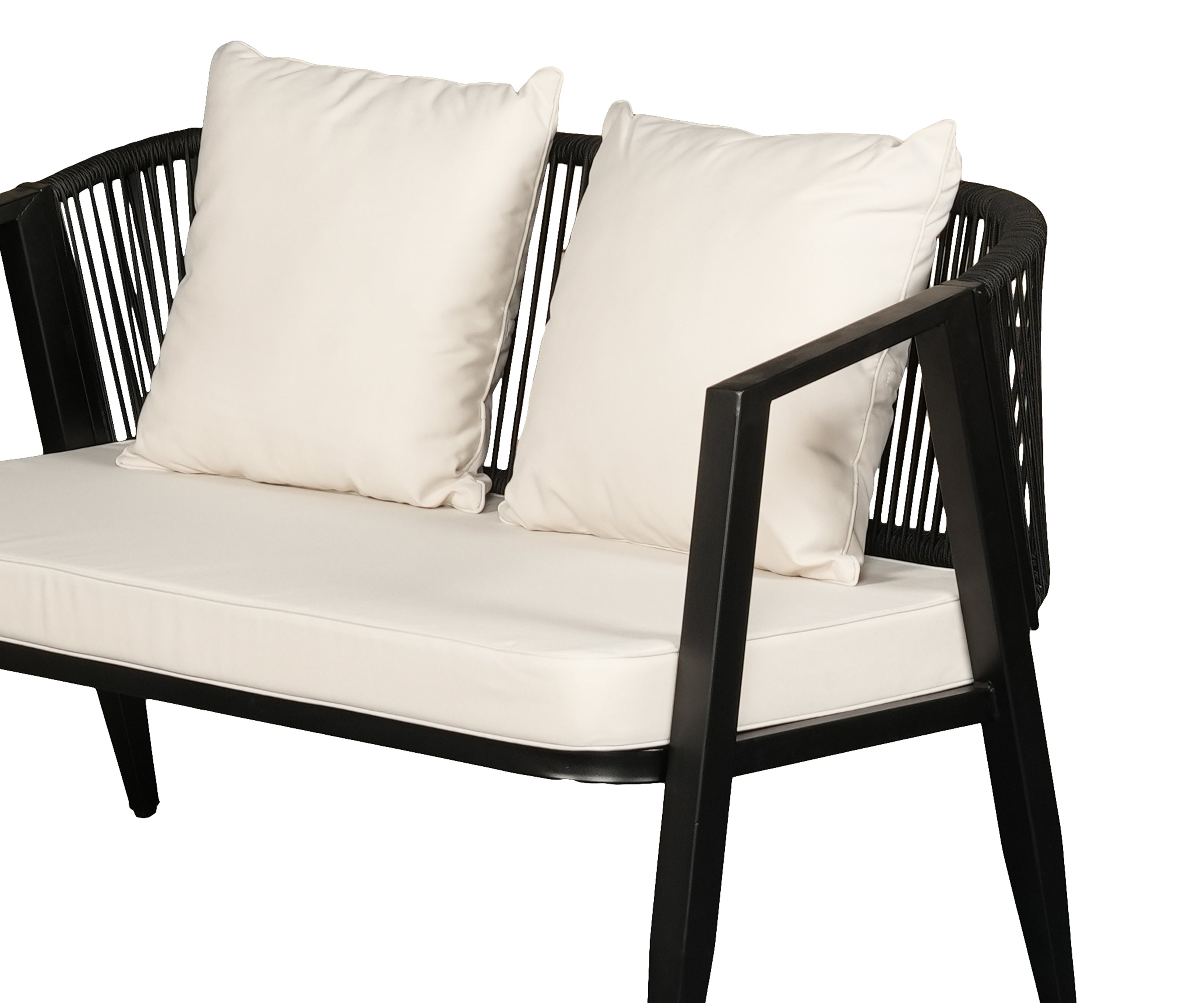 Modern Outdoor 2-Seater Sofa in Black Frame with Ivory Cushions