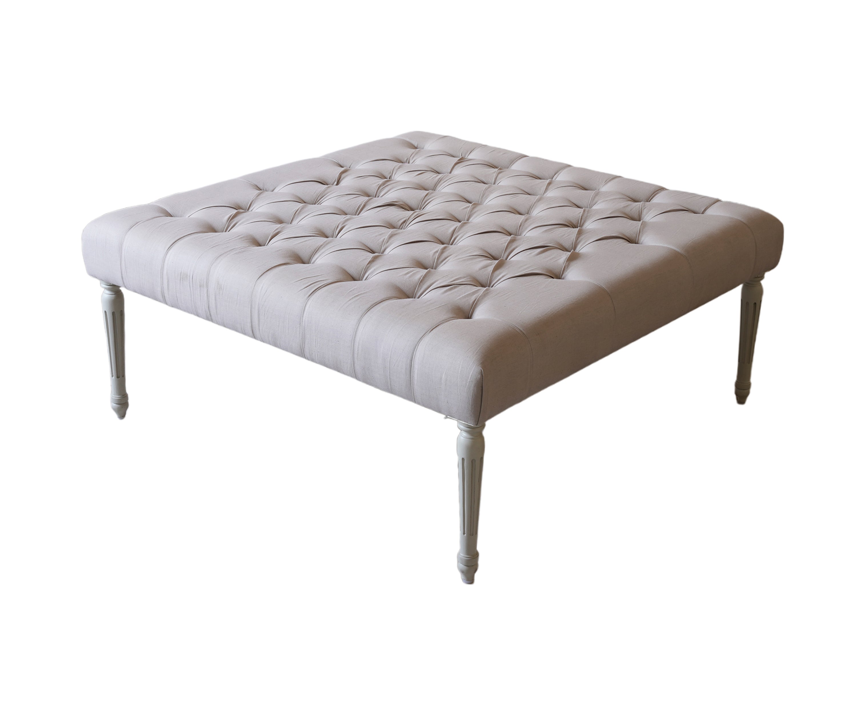 Grey Linen Tufted Ottoman with Fluted Wooden Legs