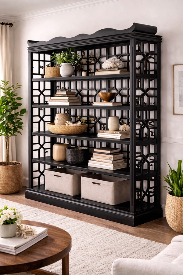 Black Wooden Display Bookshelf with Geometric Lattice Sides