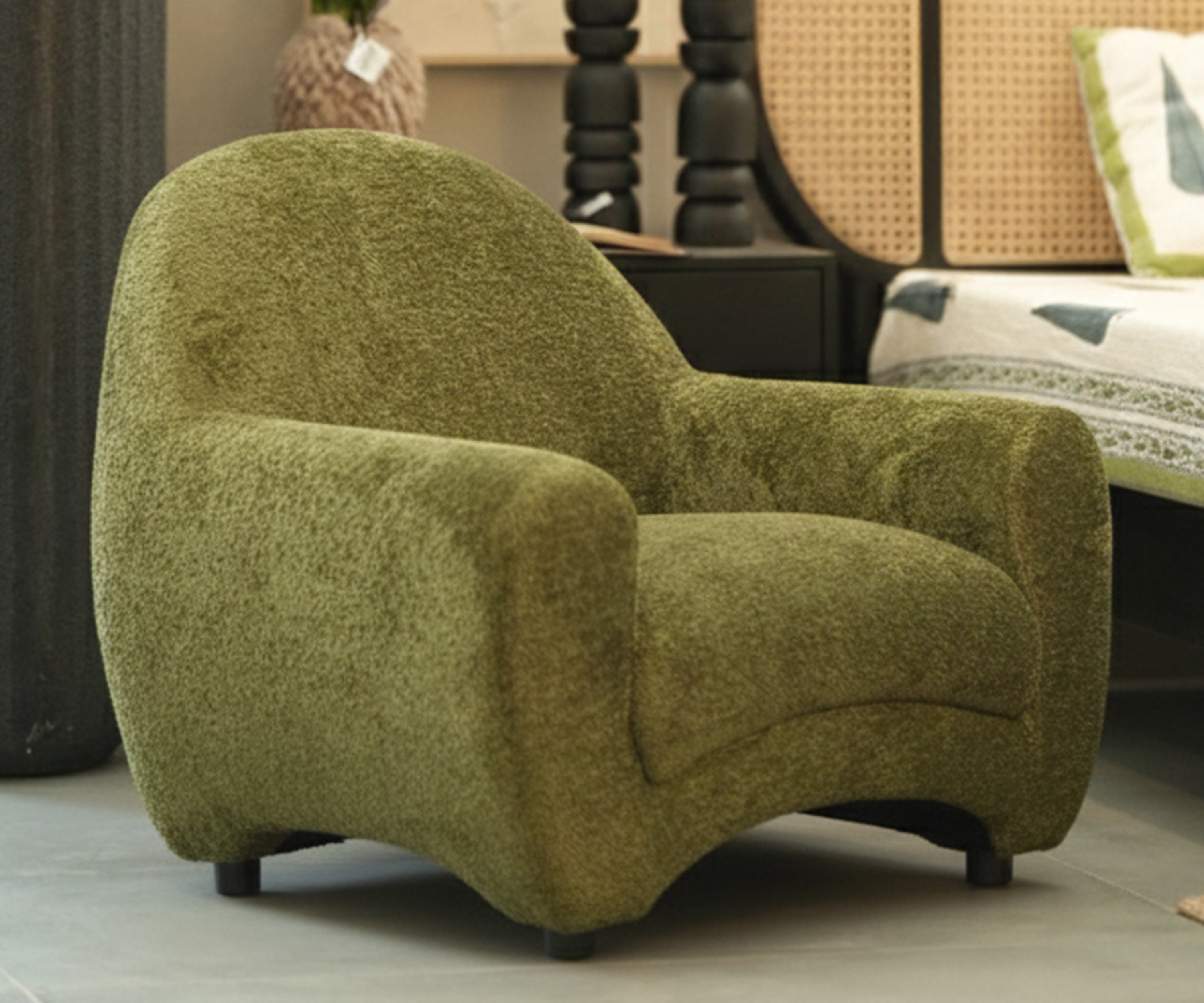 Olive Bouclé Barrel Lounge Chair