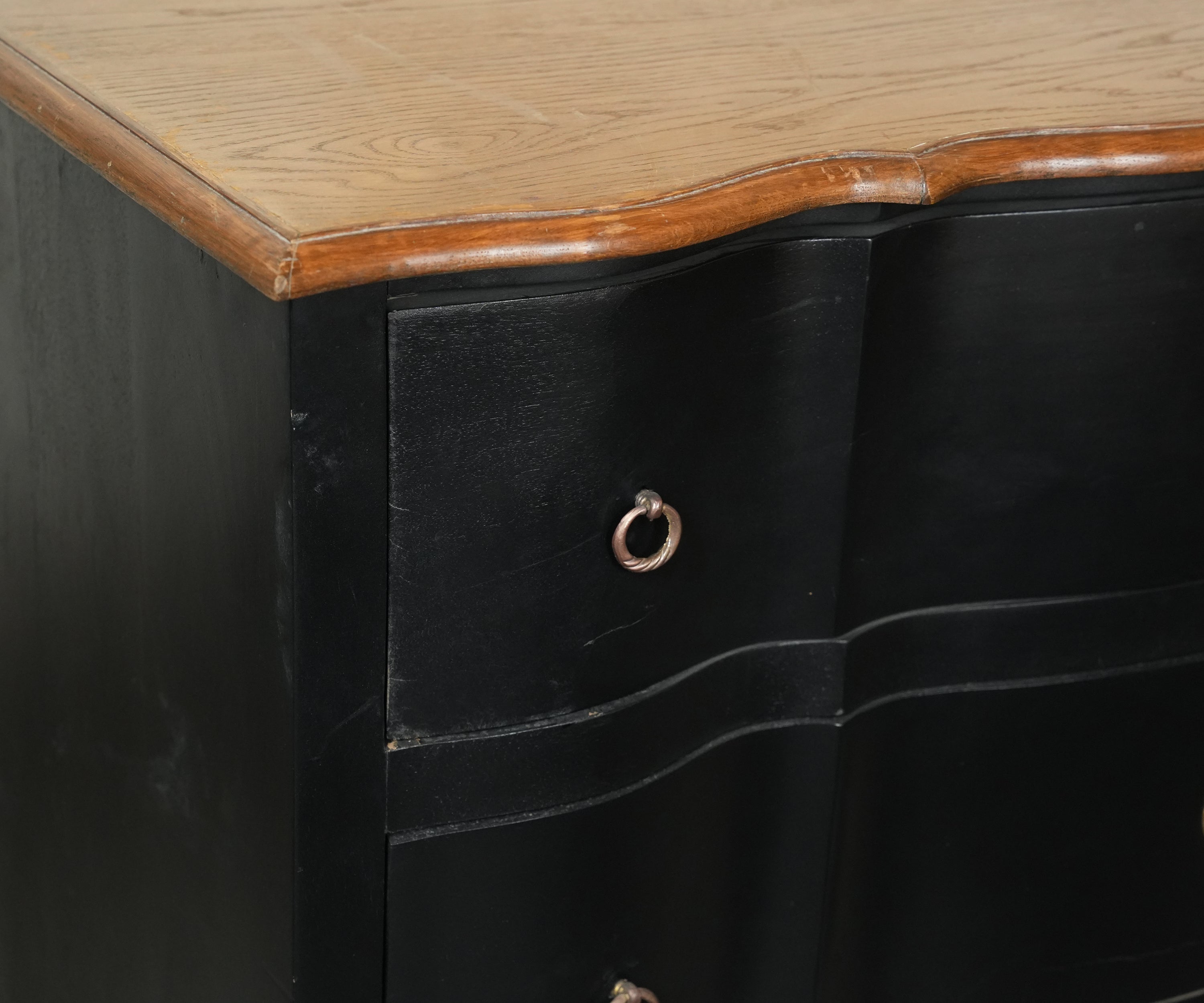 Black Wood 3-Drawer Bombe Chest of Drawer with Natural Wood Top