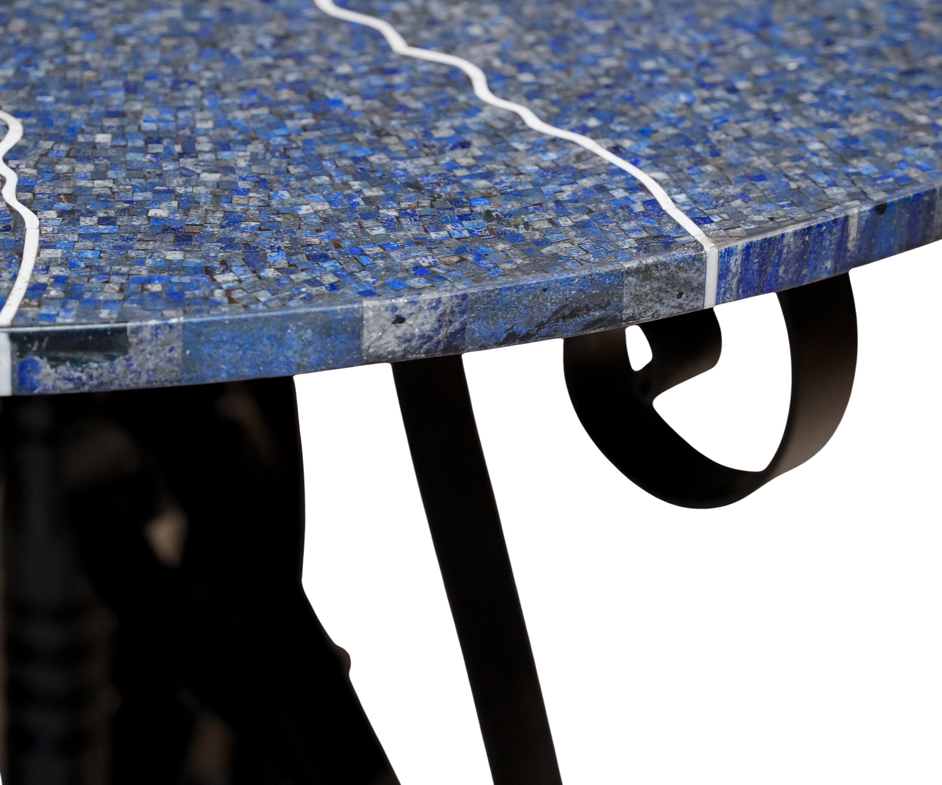 Lapis Lazuli Inlay Round Dining Table with Wrought Iron Base