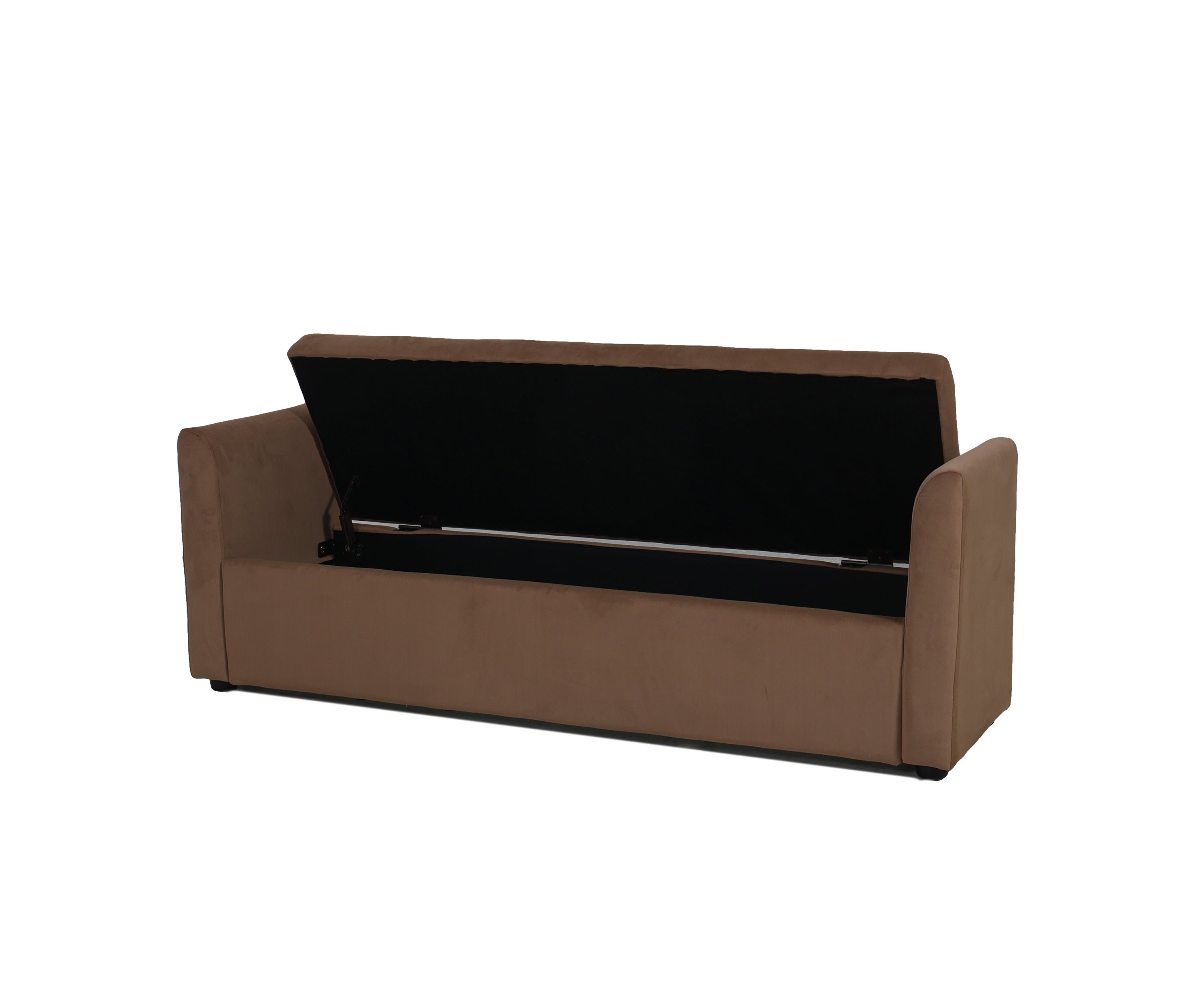 Mocha Beige Velvet Bench with Scroll Arms & Lift-Up Seat