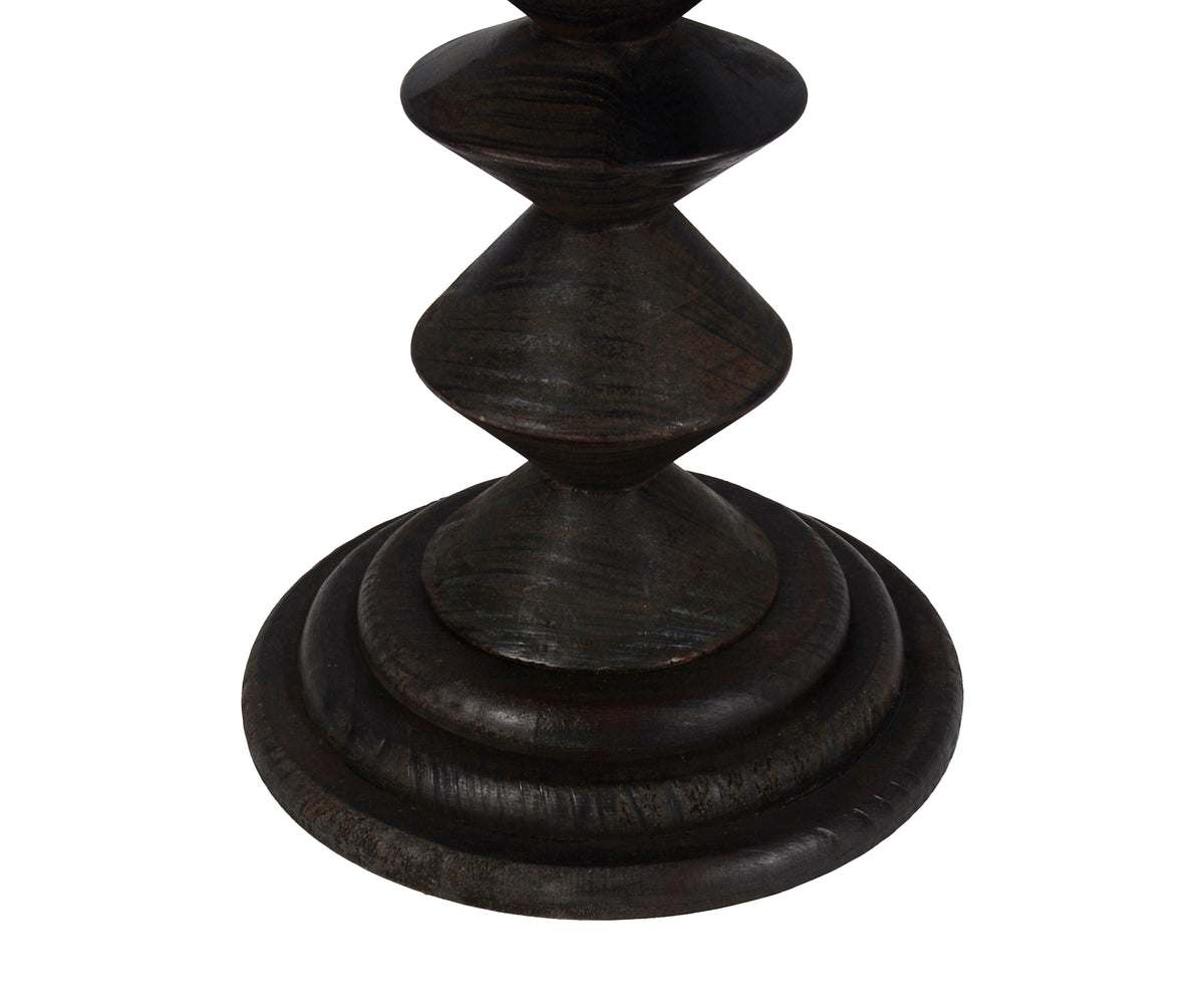 Round Dark Wood Side Table with Stacked Geometric Pedestal