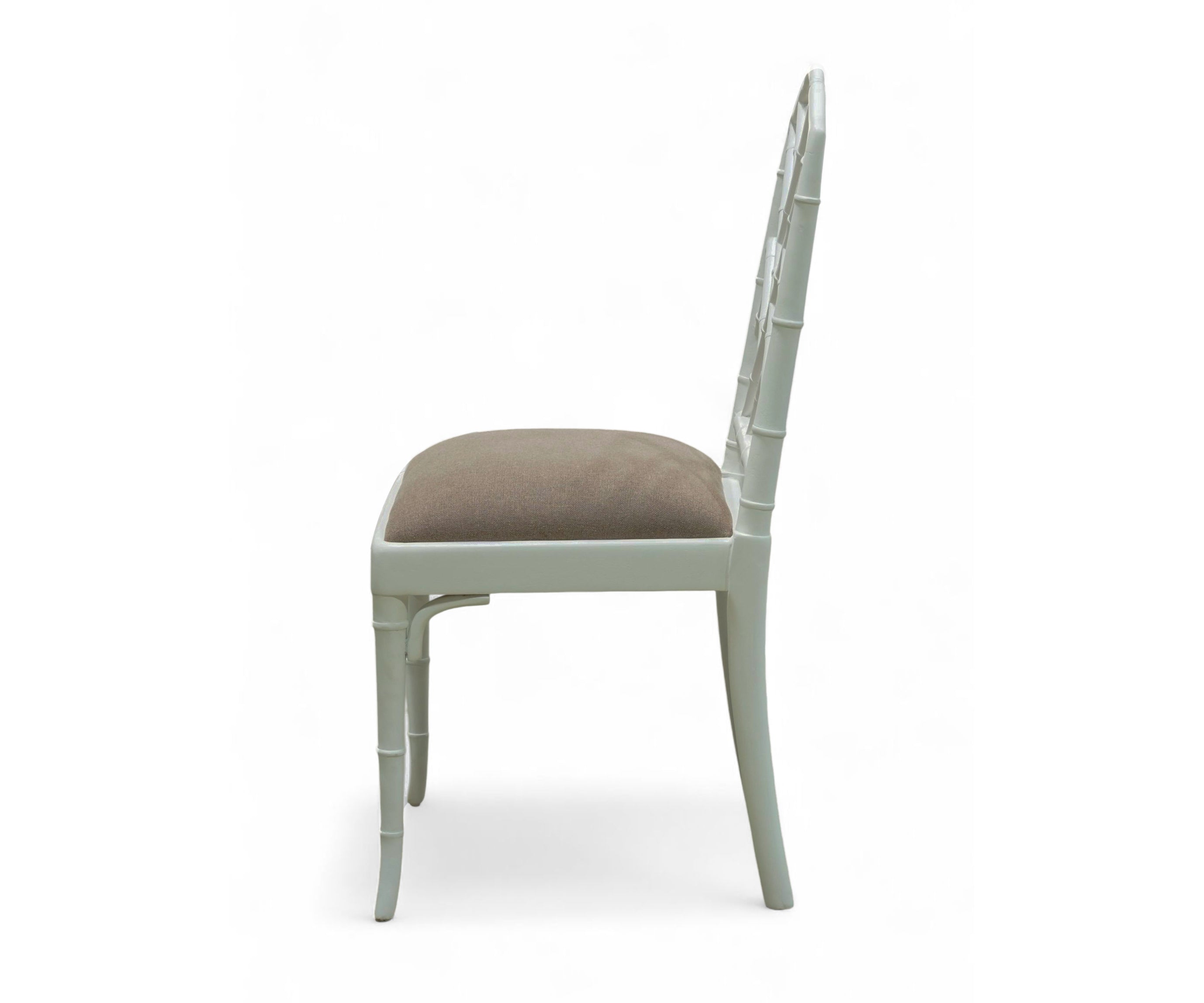 White Bamboo Lattice Dining Chair with Taupe Upholstered Seat