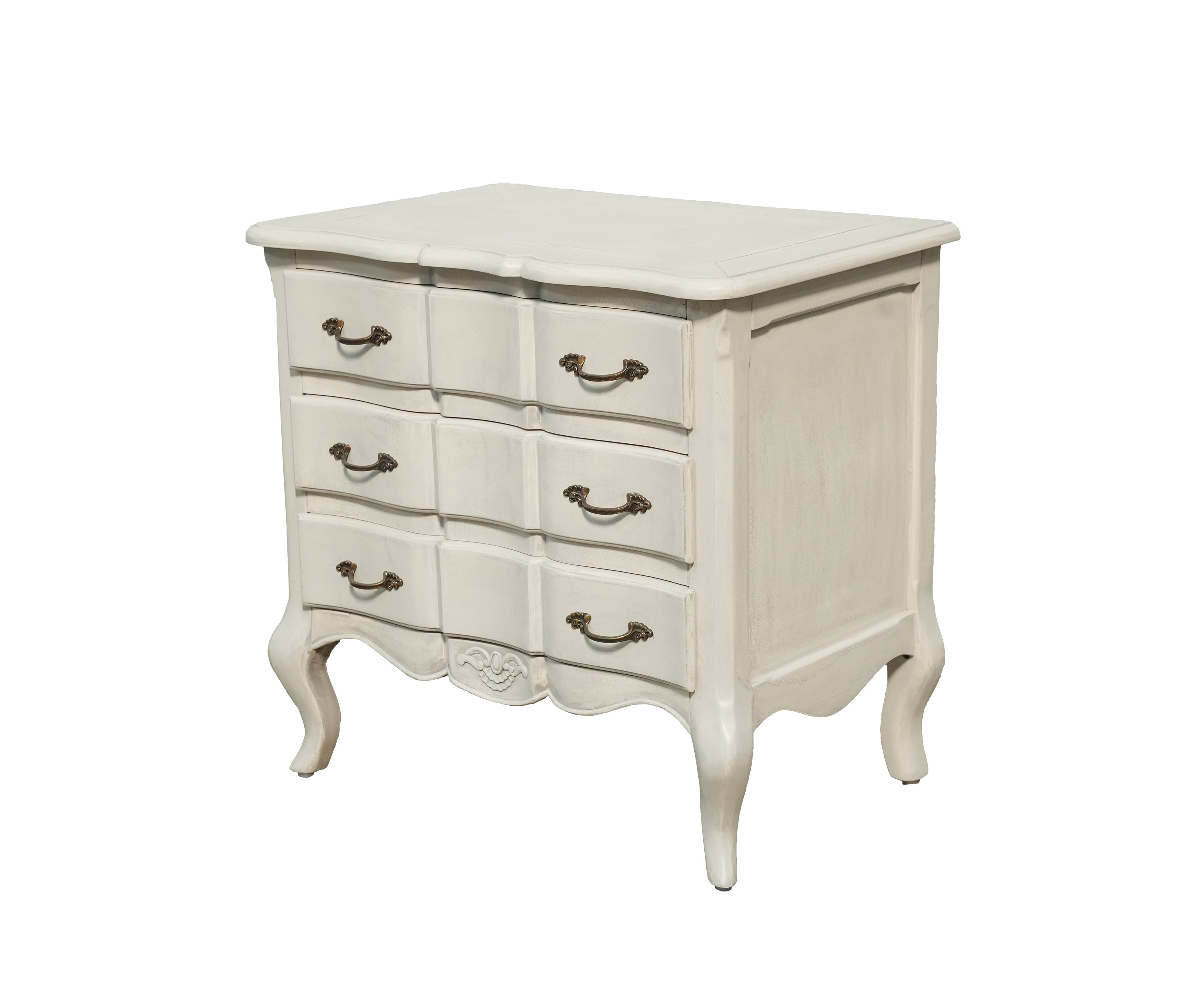 White Carved Three-Drawer Chest with Antique Brass Hardware