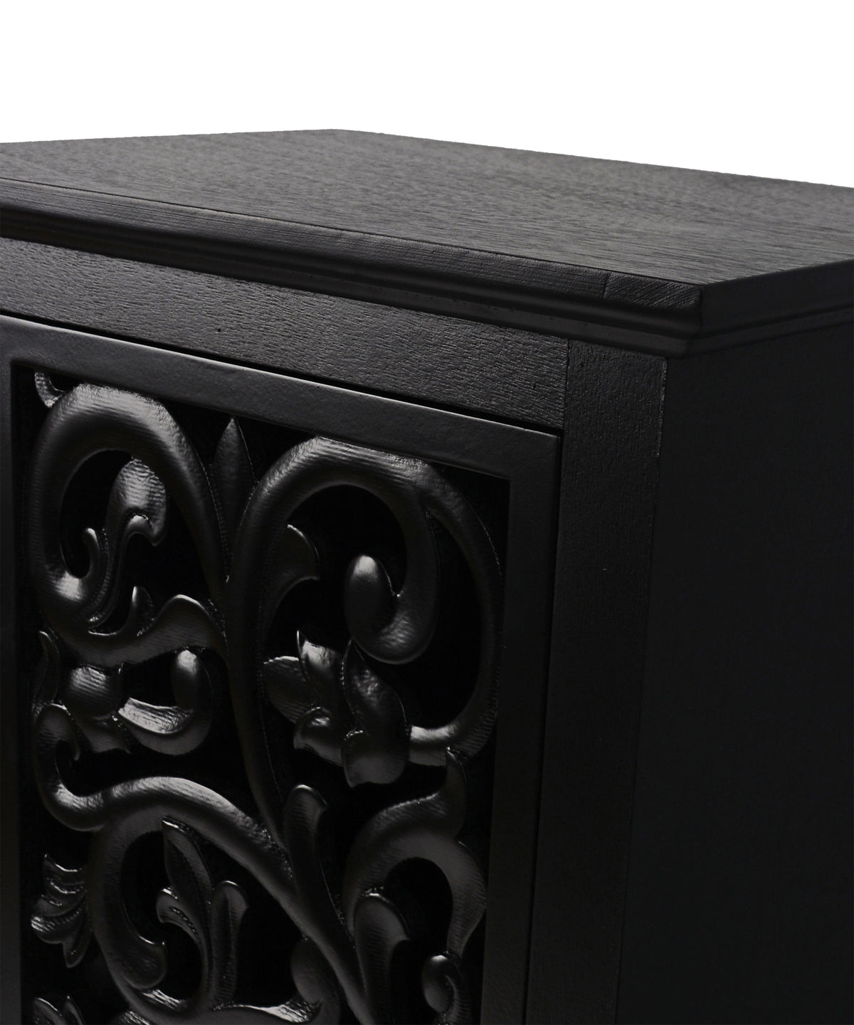 Black Carved Floral Scroll 1-Door Cabinet