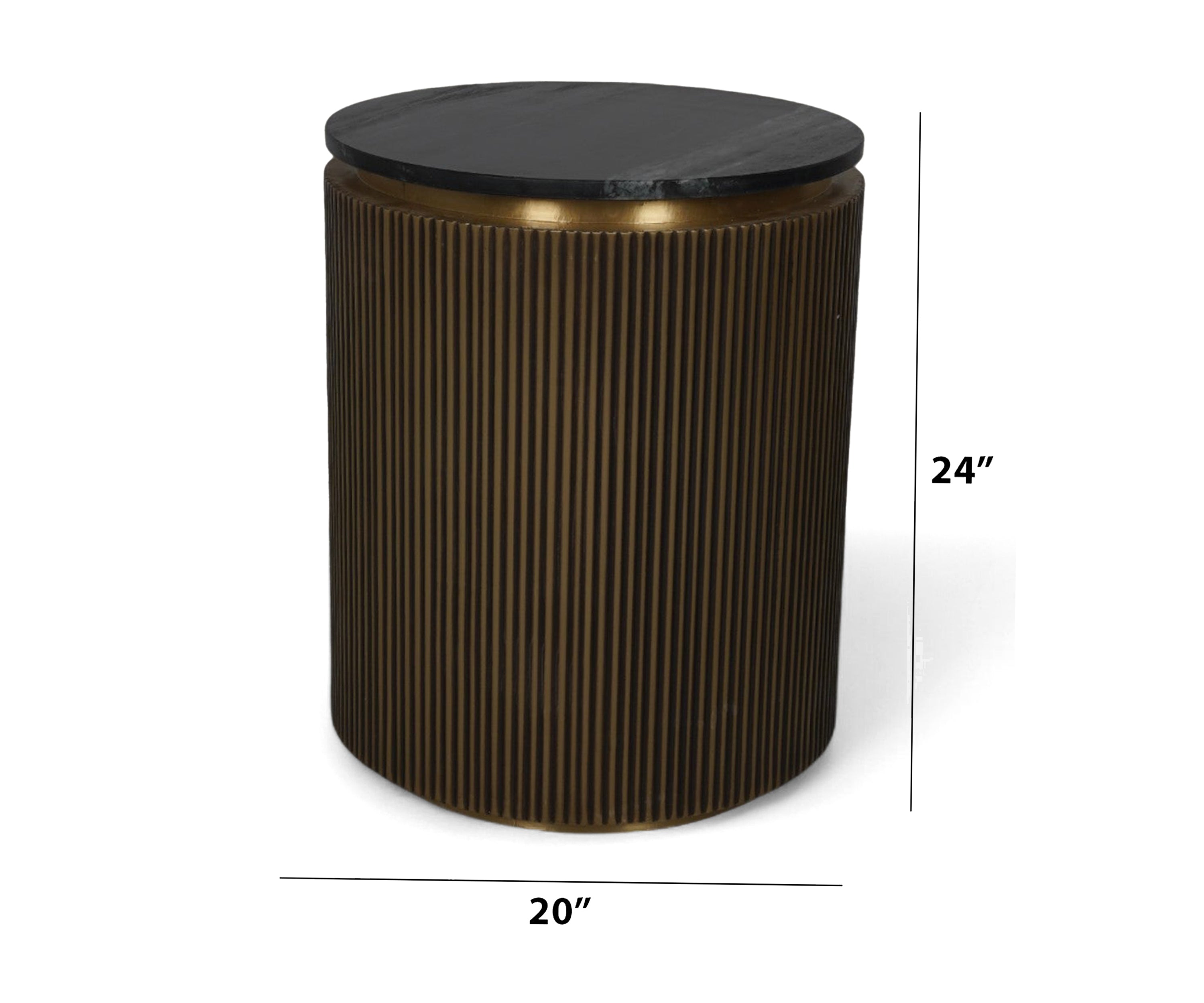 Black Marble Side Table with Fluted Antique Brass Base
