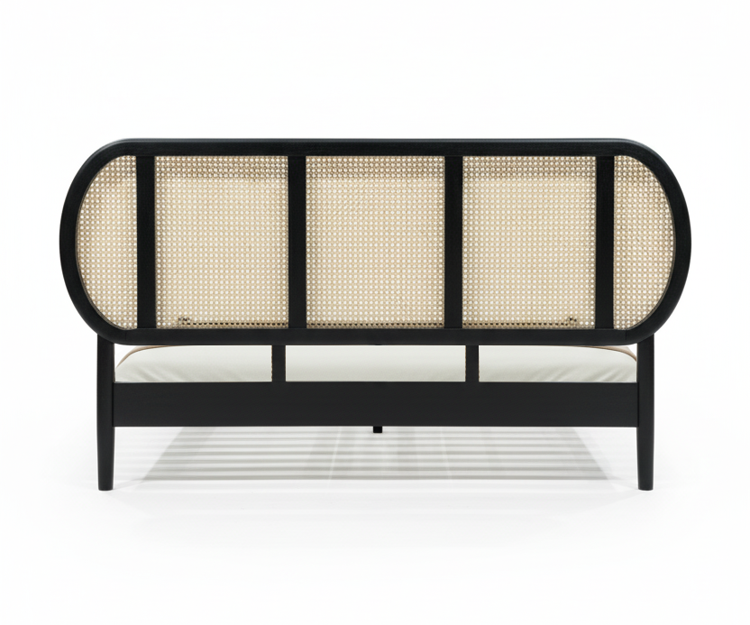 Modern Acacia Wood Cane Bed with Curved Headboard - Black