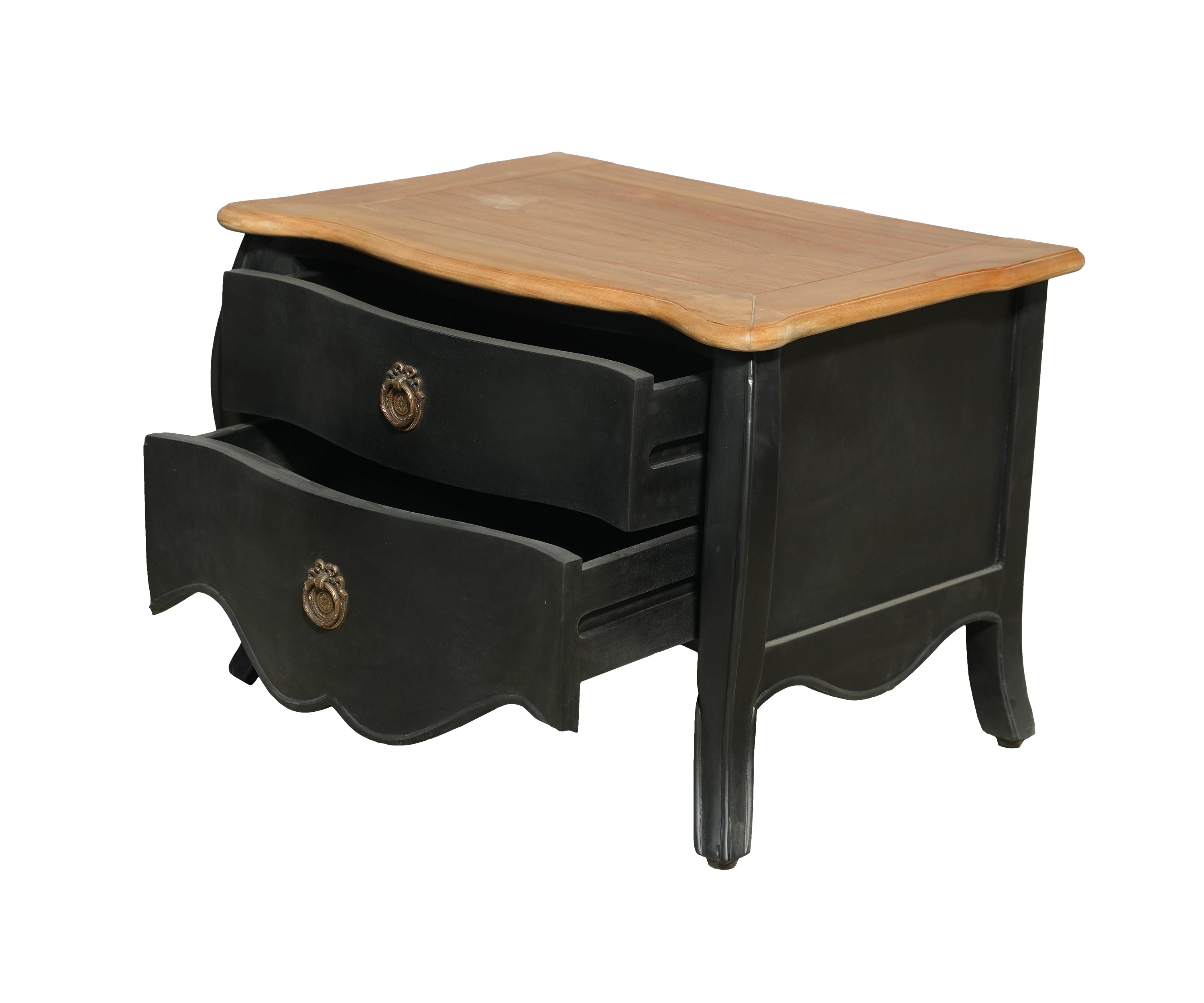 Black Bombe Bedside Table with Natural Teak Top