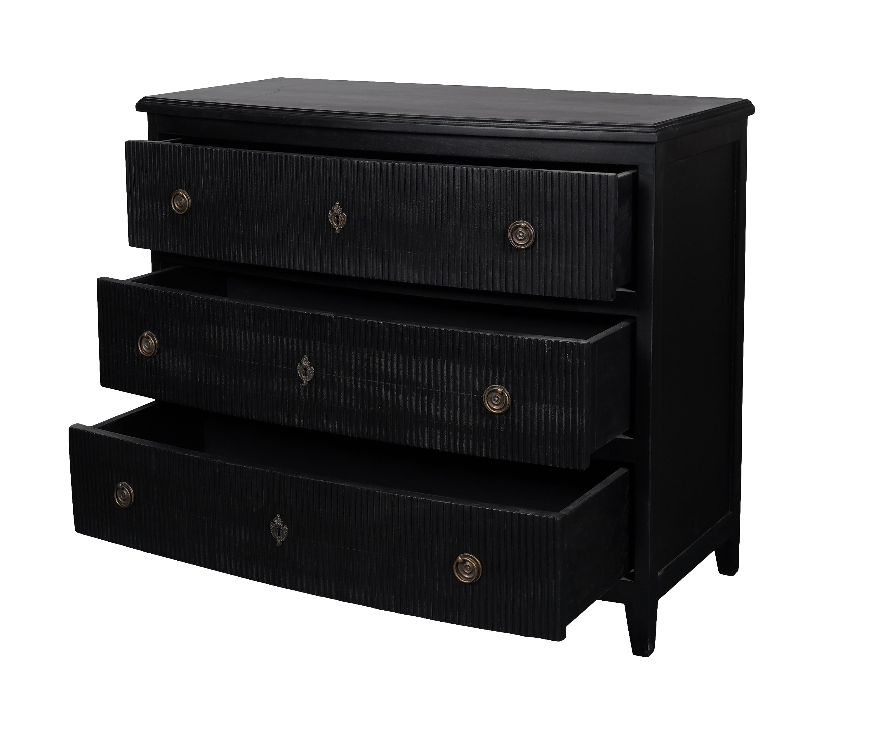 Black Curved Front 3-Drawer Chest of Drawers with Brass Hardware