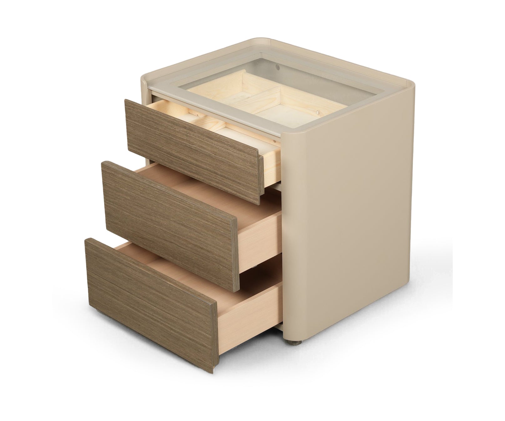 Taupe Organizer 3-Drawer Bed Side Table with Glass Top