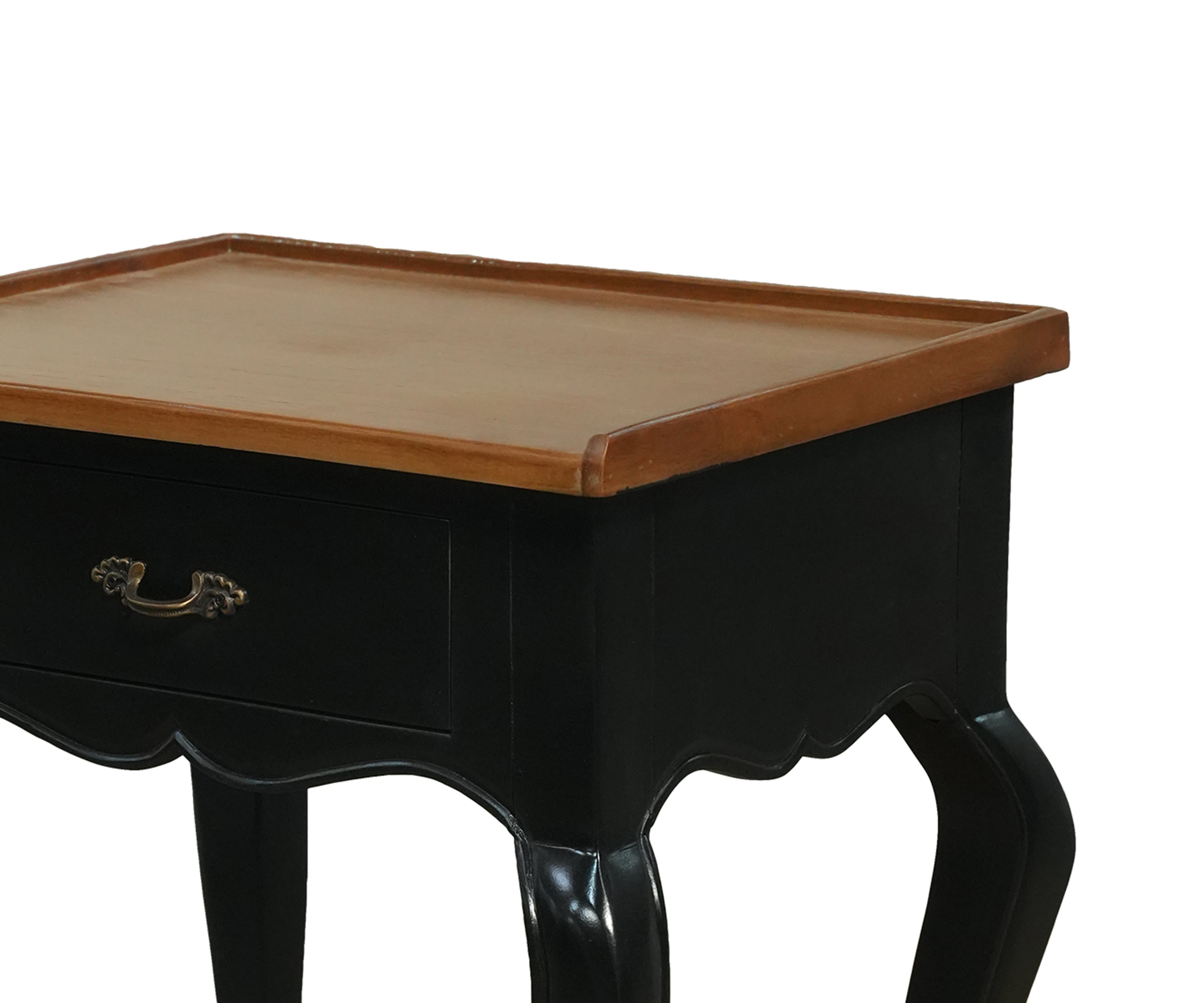 French style Black Side Table with Warm Wood Top and Open Shelf