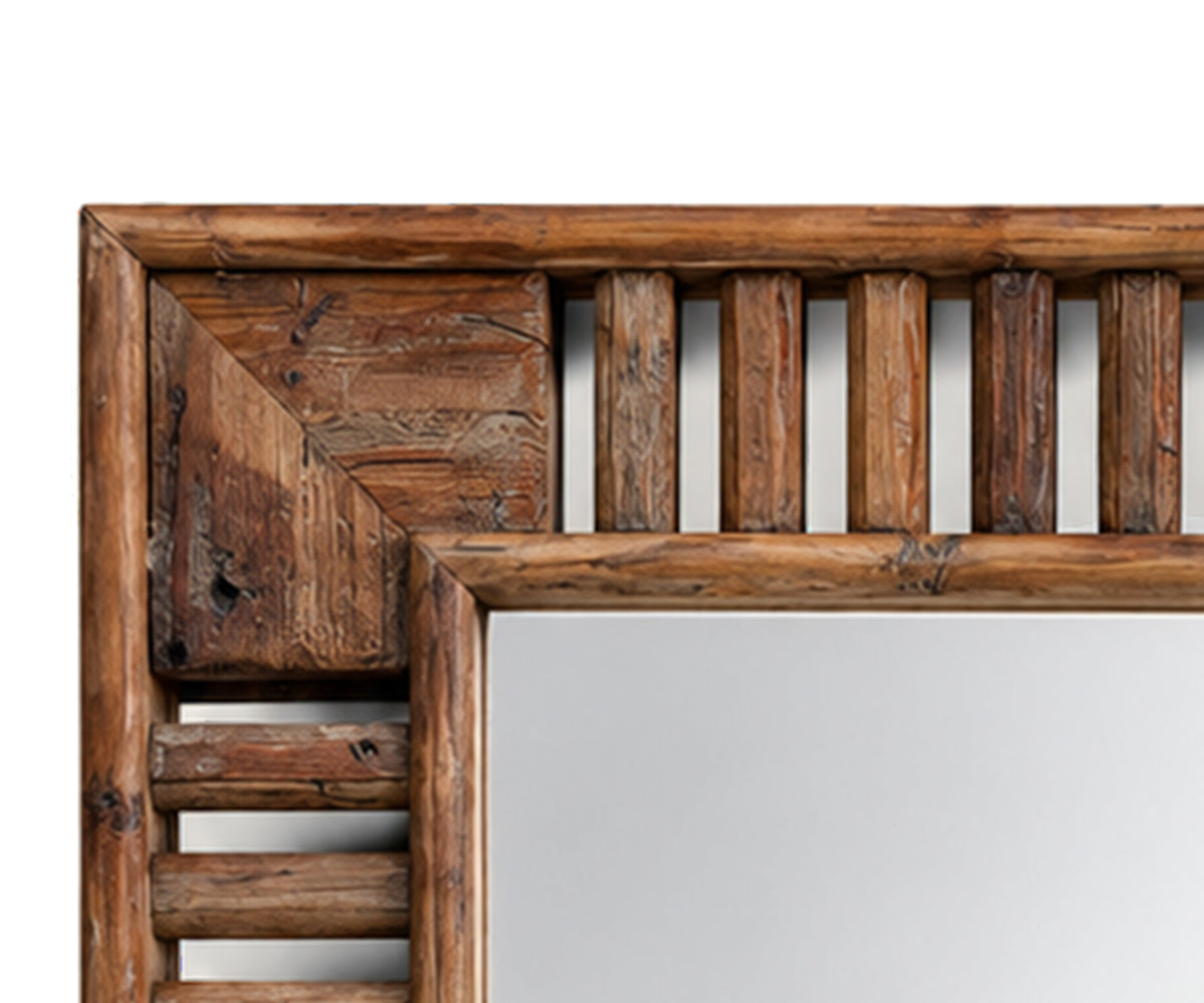 Slatted Teak Rectangular Wall Mirror in Warm Brown Finish