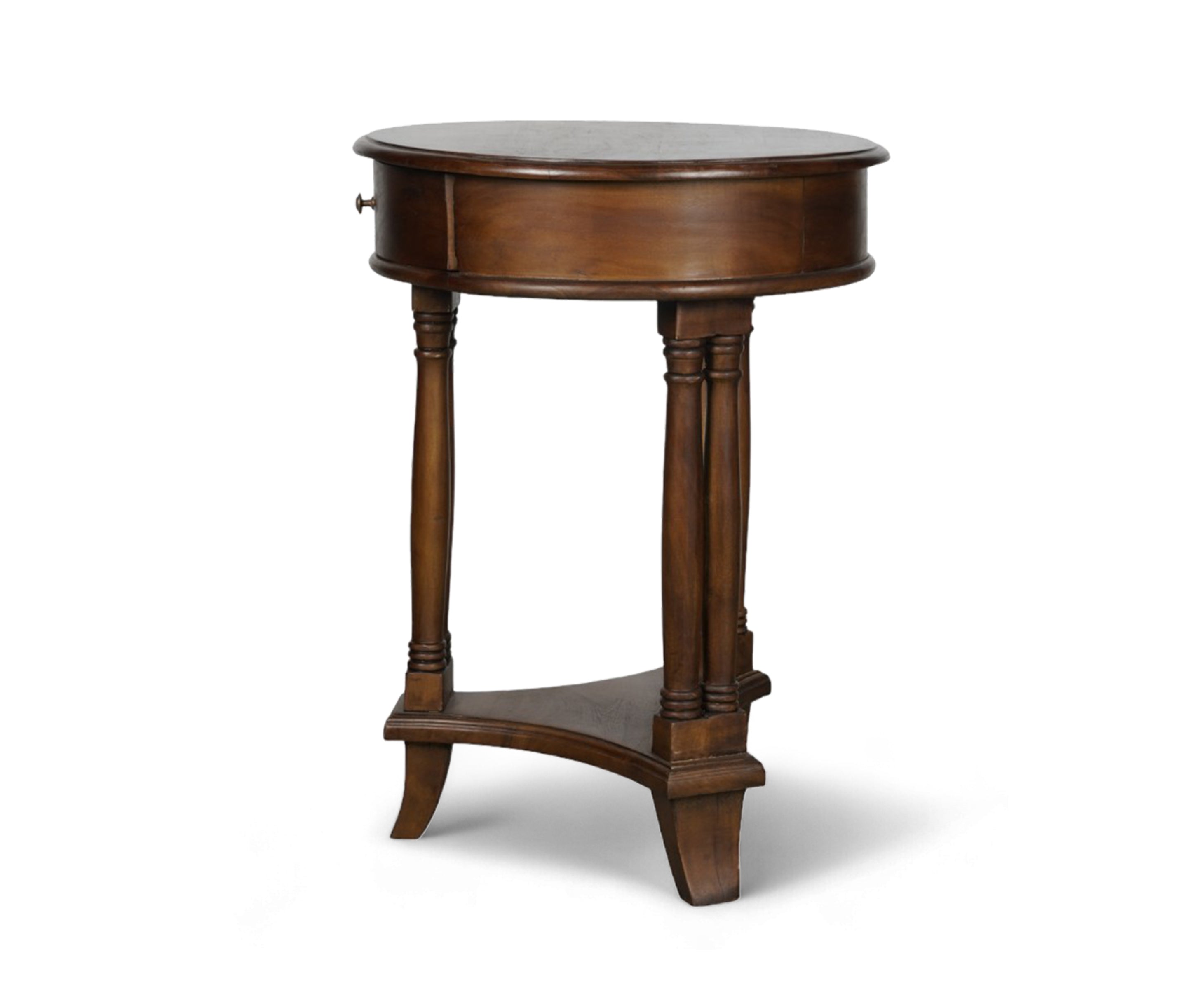 Walnut Round Pedestal Bed Side Table with Drawer