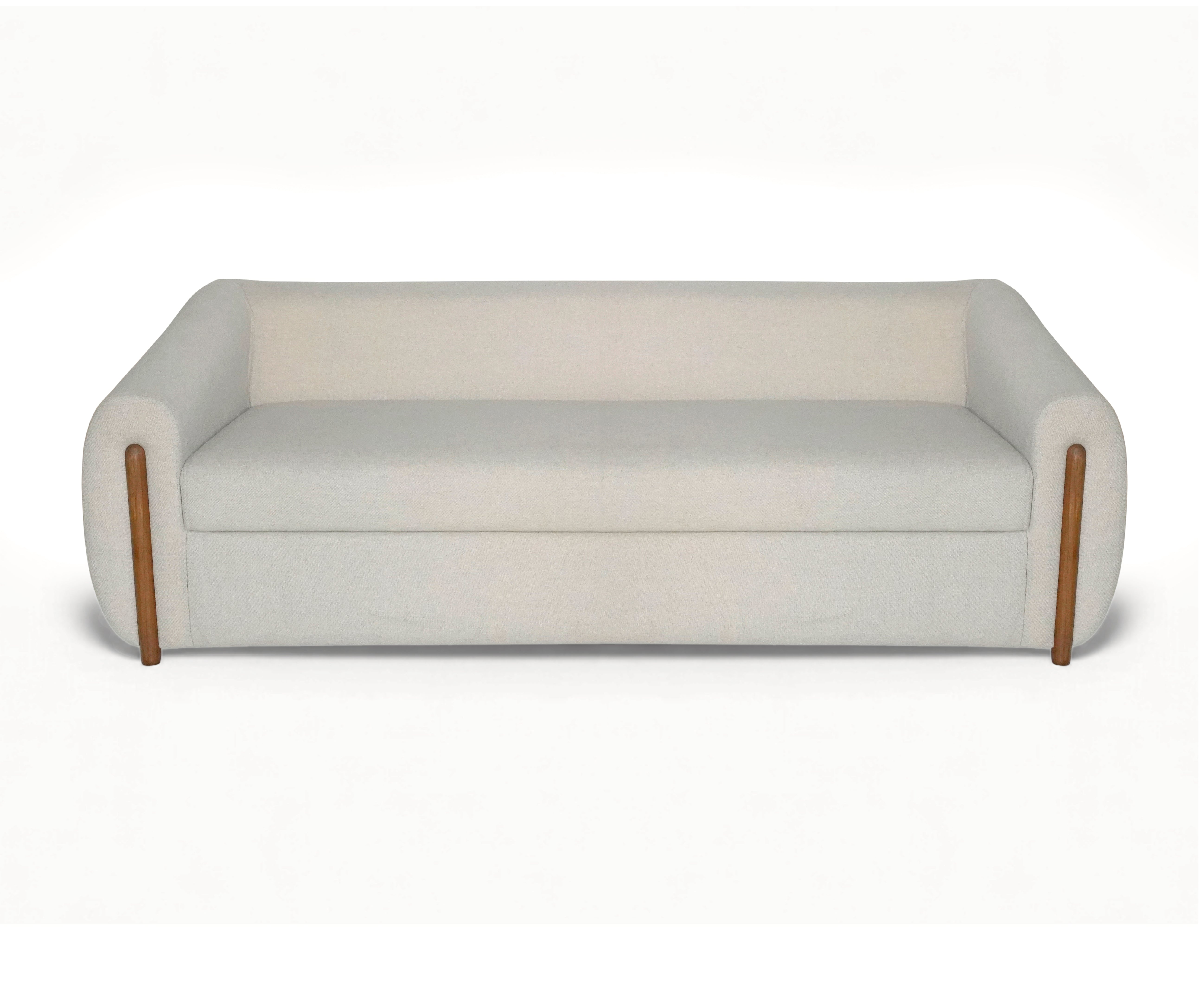 Sloped Arm Linen 3 seater Sofa with Wood Detail