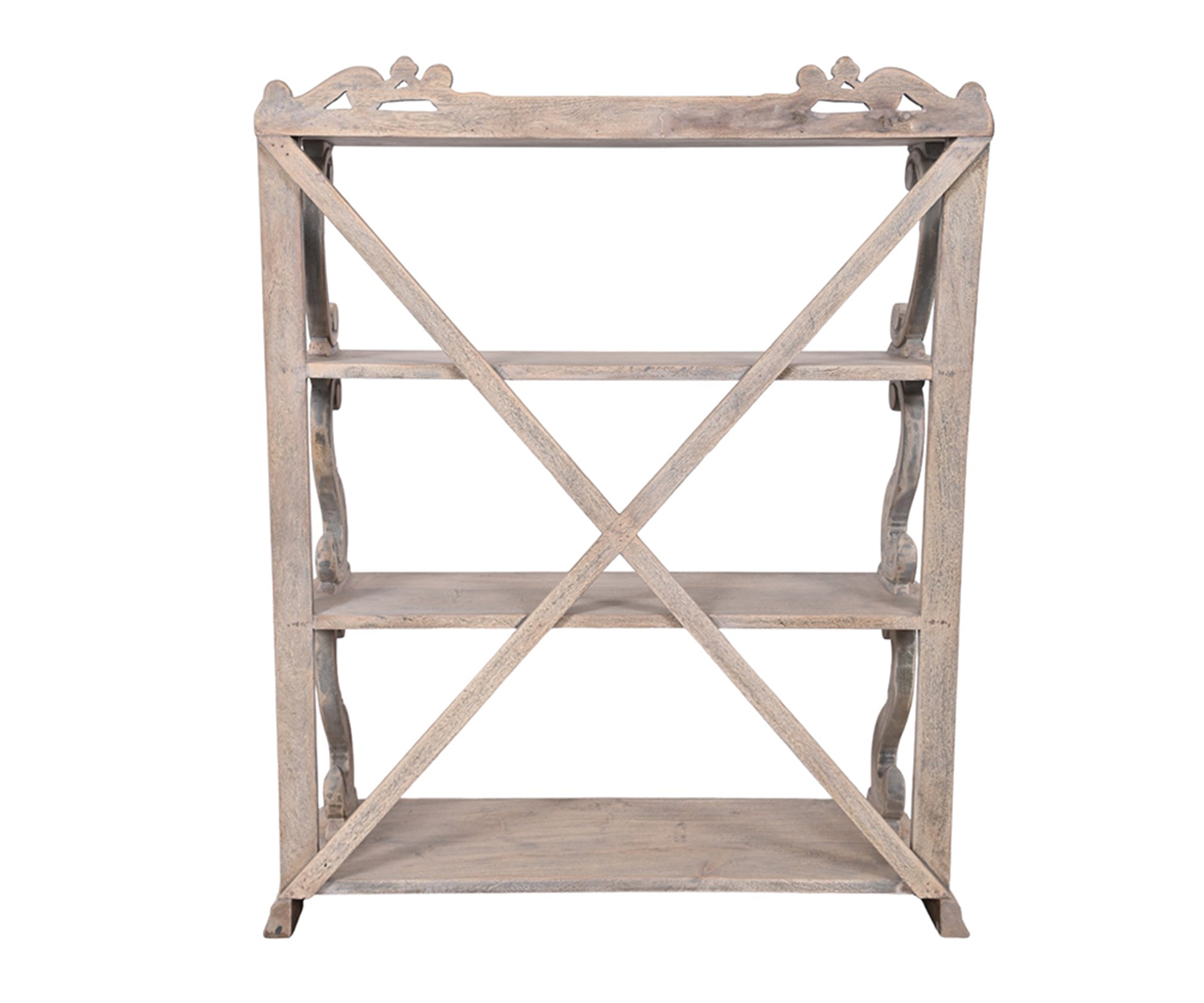 Rustic Wooden Display Shelf with Cross X-Beam Back
