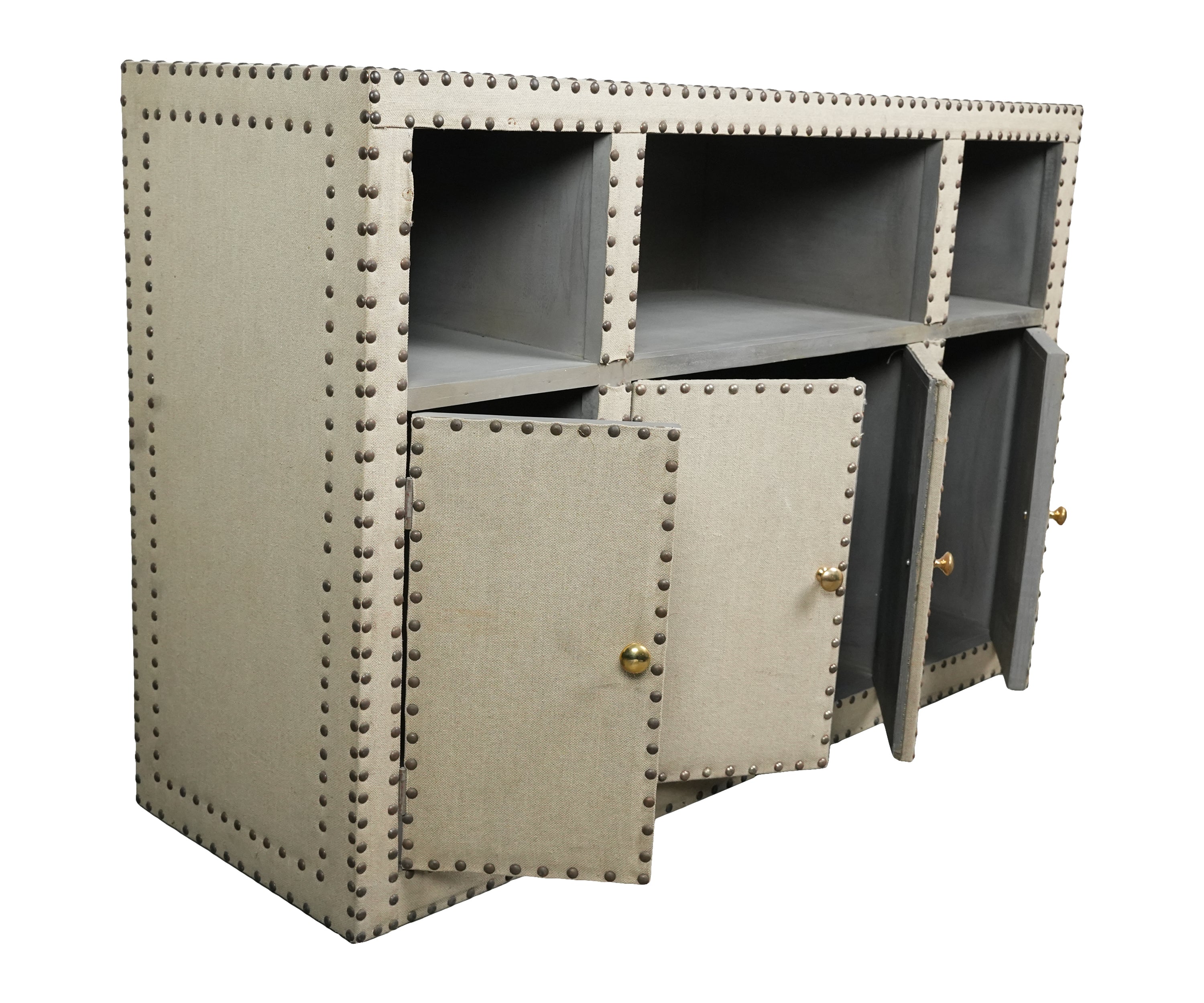 Wooden Cabinet with Shelves and Brass Nail Detailing