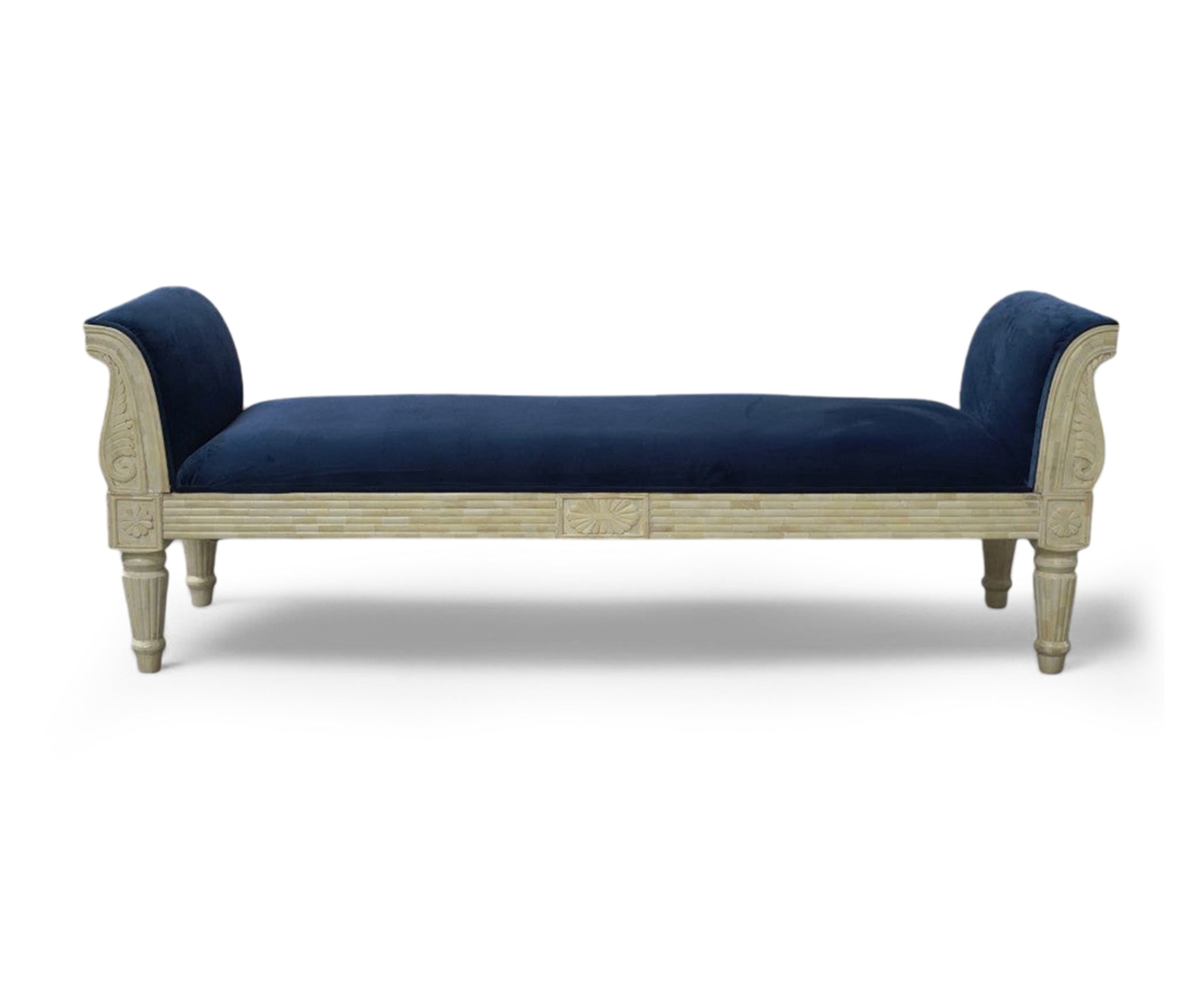 Gustavian Style Blue Velvet Bench with Bone Inlay