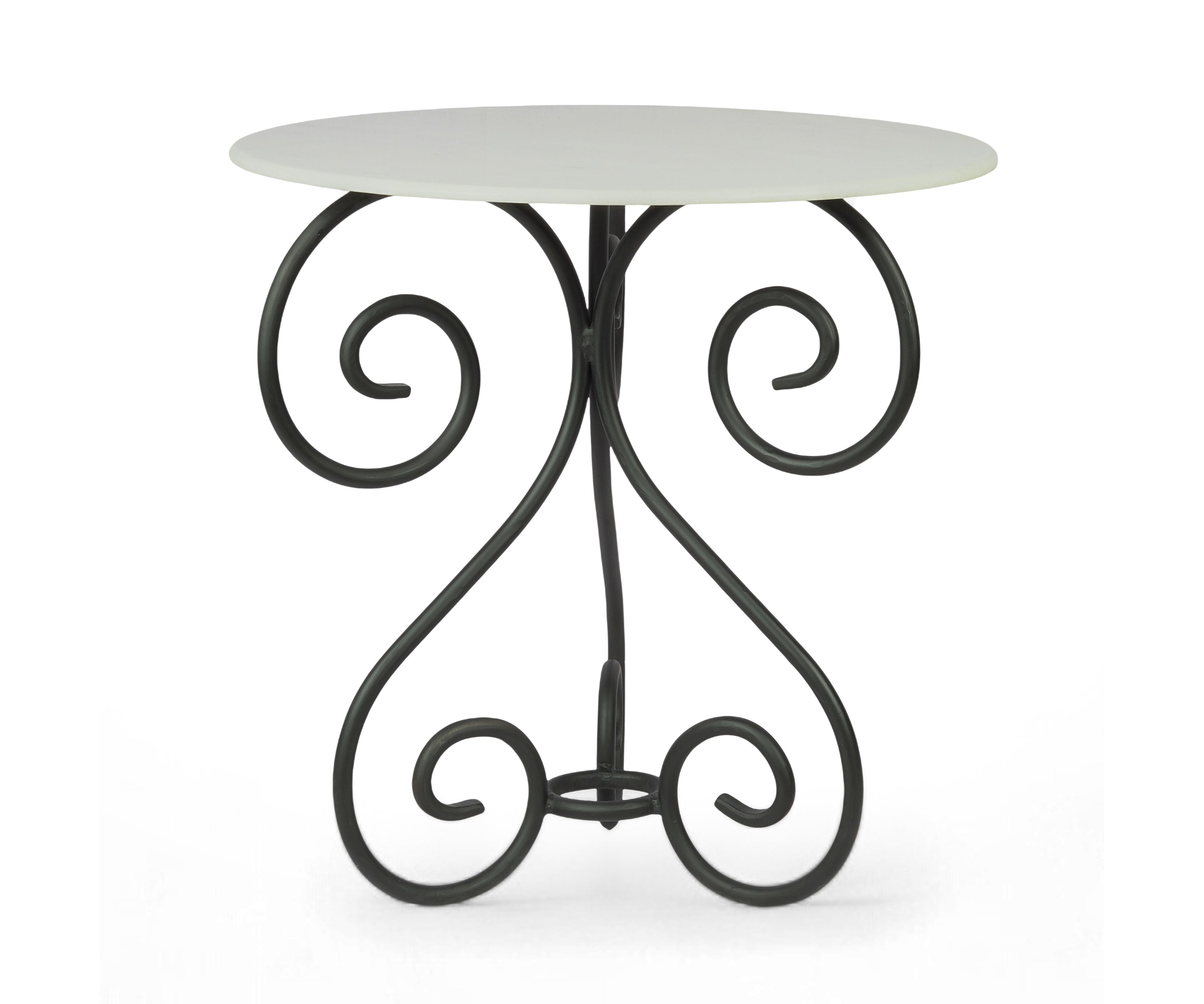 Round White Marble Top Side Table with Scroll Metal Base